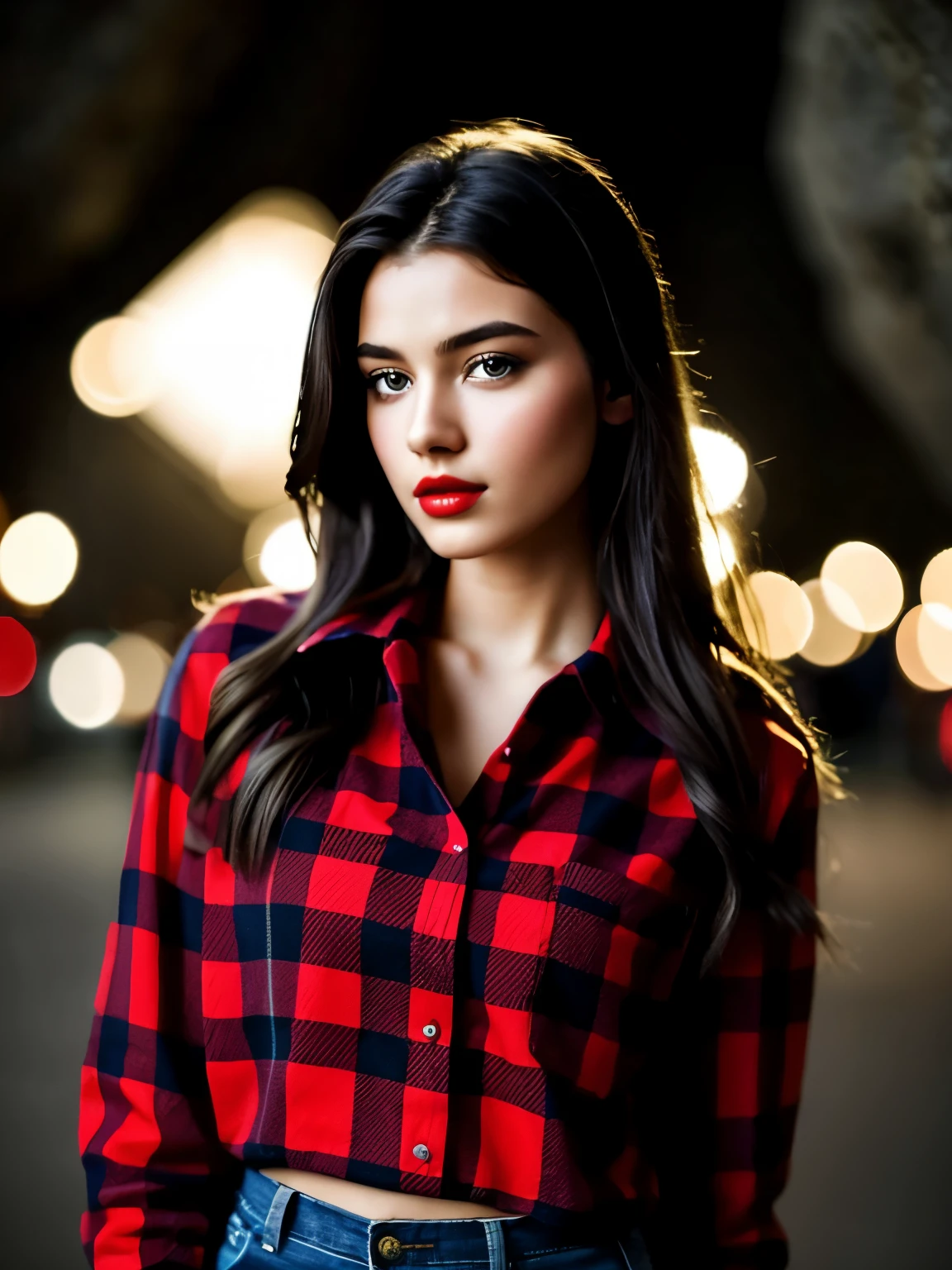 1 Girl, 18 years old, Solo, Model, Long hair, Huge, looking at viewer, full face, brunette, brown eyes, red lipstick, big lips, full body, detailed skin, goosebumps, on the street, realistic, AI sexy, plaid flannel shirt,
dark and mysterious cave with unique rock formations and hidden wonders, beautiful eyes, (candles, light shade), holder for 160 colors, shot on ARRI ALEXA 65