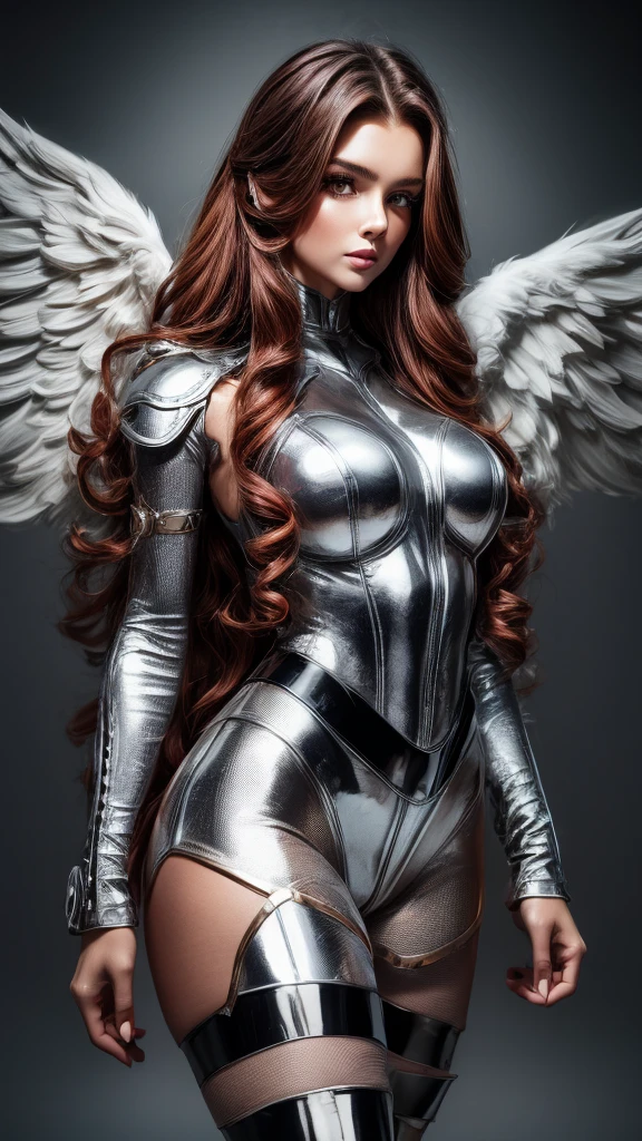 (best quality,8k:1.2,high resolution:1.2),ultra-detalhado,Realistic,vintage super hero female,long red curly hair,rosto extremamente detalhados,long eyelashes,big angel wings,all sheer shiny white and blue leotard de latex Apertado,cleavage,glossy suntan pantyhose, gloves,Glossy metalic accessories,Physically-based rendering,sharp focus,studio lighting