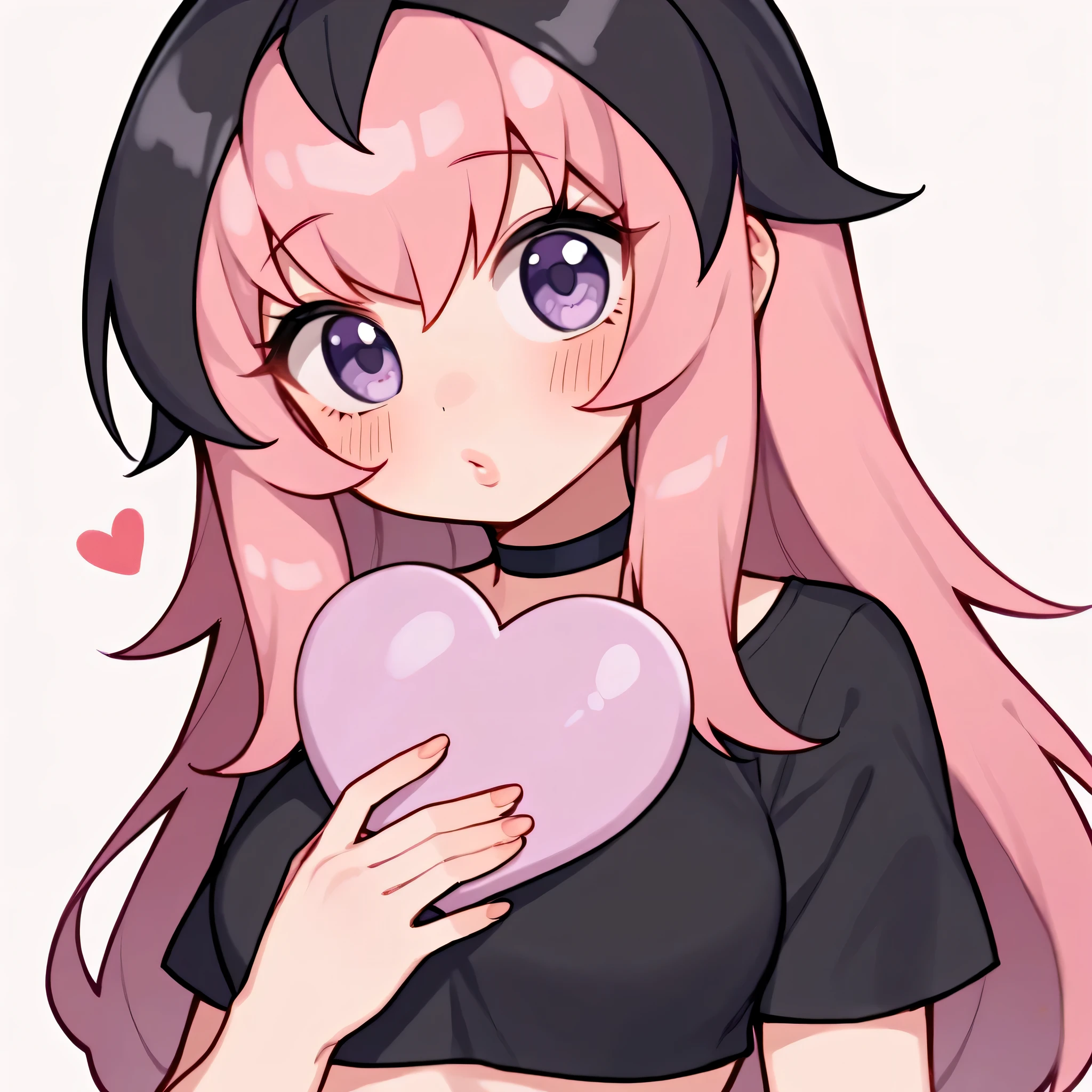 score_9, score_8_up, score_7_up, 1girl, (closeup), ((blush)), love, (huge heart), (holding a huge heart), hug, anime waifu, waifu, ((portrait)), illustration, ((2d)), ((curvy)), ((twitch emote)), (((cute face))), ((long hair)), bangs, black pink hair, ((black and pink hair)), ((black hair)), gorgeous purple eyes, big eyes, anime eyes, eyeliner, long lashes, soft and full lips, choker, jewelry, crop top, (Jelly Art Style:0.2), ((anime style:0.8)), (((white background))), twitch emote,