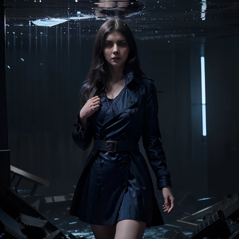 Alexandra Daddario, (best quality, masterpiece),(1girl, trench coat,expression face, blue eyes, looking at viewer, black hair, closed mouth, dress shirt, black skirt, hand at viewer), (less blue light, swrling many blue glass pieces behind, floating objects, night sky)