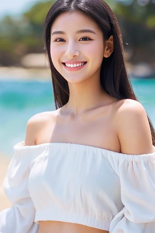 A beautiful girl with long black hair wearing a soft white off-shoulder top、cute、smile、Close-up