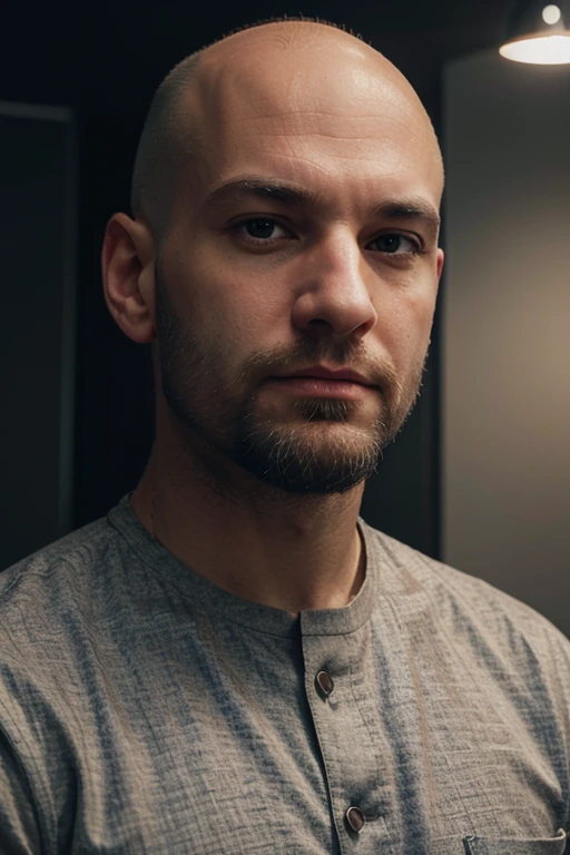 Bald man European features, short beard, ultra-realistic, soft lighting, 8k, professional Linkedin profile photo, wearing suit, professional in office background, ultrarealictic, soft ligth