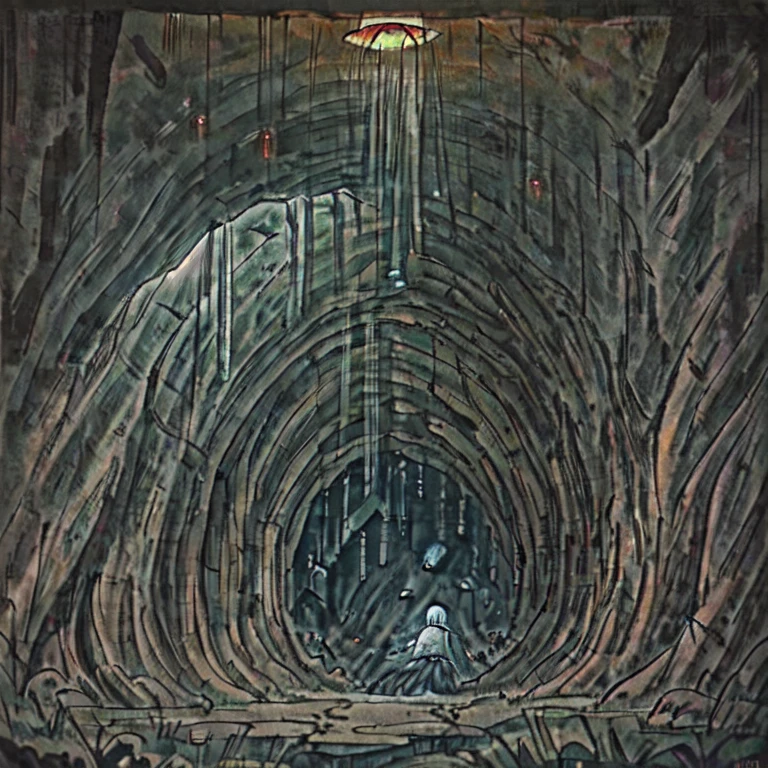 very detailed illustration, Very rich colors (hyperrealistic), mysterious woman in the foreground (maroon hood, Looking at the ground, study), Image background: dark cave interior(black, pointed stone), Lots of mushrooms on the ground(emit a brilliant green light), Several crystal stones on the walls (blue, diffuse brightness), Jet of water (translucent, falls horizontally from above),  orange light (Very dense, very intense, Above the image, enters horizontally through the cave ceiling), roots in wall cracks (black, very thin), light mist throughout the room, landscape with very dark night light, Very dark and elongated shadows