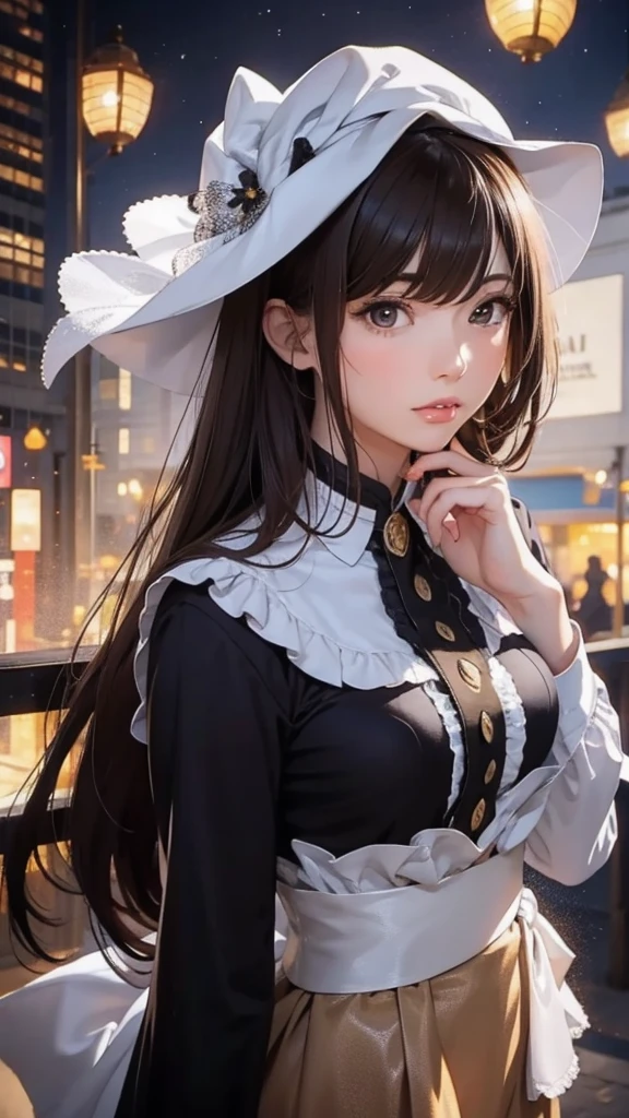 8620 (maitetsu),8620 (uniform),masterpiece, best quality, ultra-detailed, illustration,black dress,hat,looking back,:d,white background,((Eye highlights))