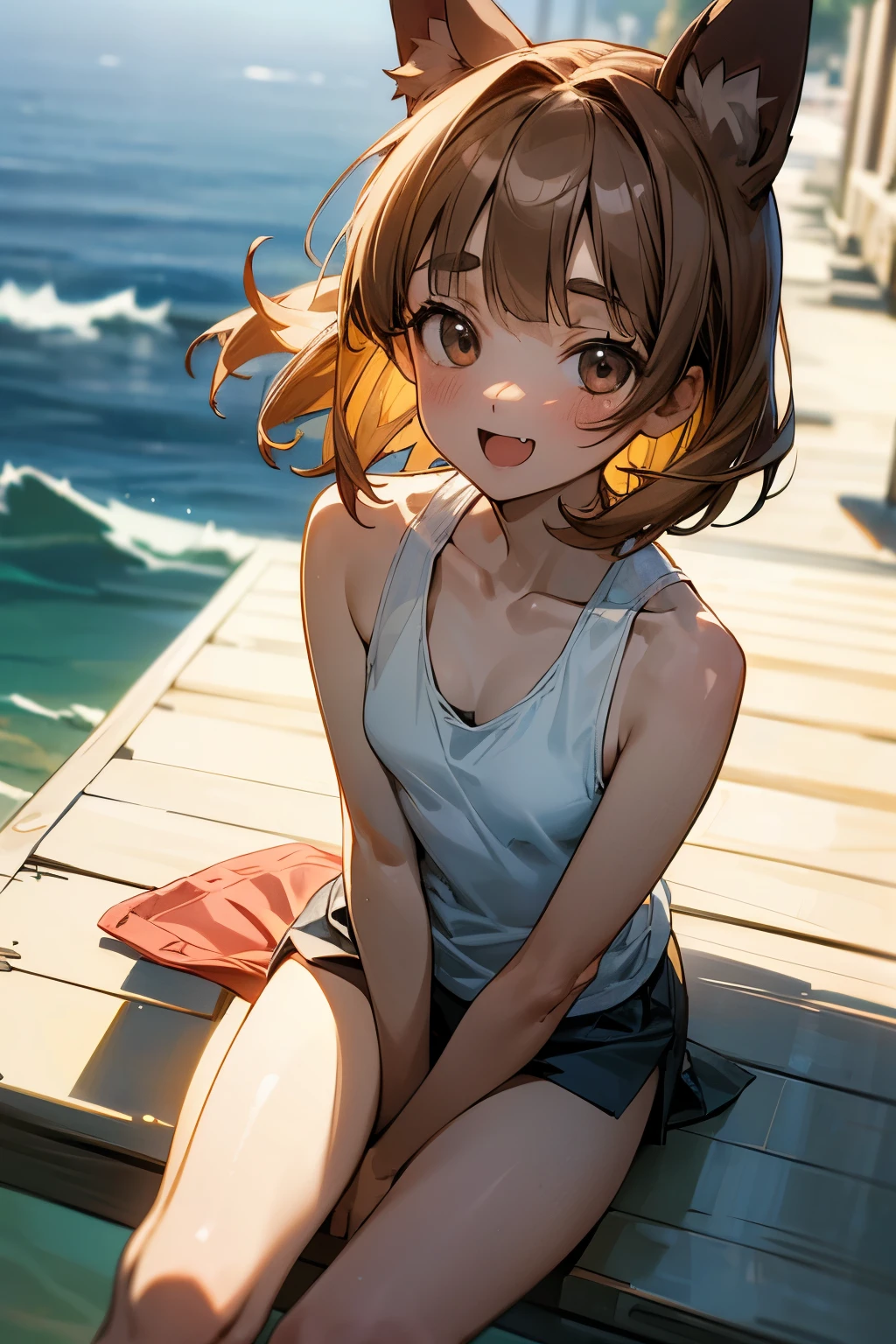 ((Masterpiece)), ((best quality)), (Anime:1.3), (RAW photo:1.2),(High Definition:1.3), (Professional Photography:1.4), ((12 years old)), 8K, Glossy skin, cinematic lighting, 1girl, wide-shot, (Knit fabric tank top), (Cute innocent teenage girl), slendar body, small breast, glossy medium hair, (loose blunt bangs), ((:3)), open mouth, fang out, looking up, (naughty smile), beautiful collarbones, (slightly exposed shoulders), (dog ears), pale brown hair, Hair that flutters in the wind, BREAK, ((best quality)), (sitting on Dubrovnik townscape in Croatia), summerday,