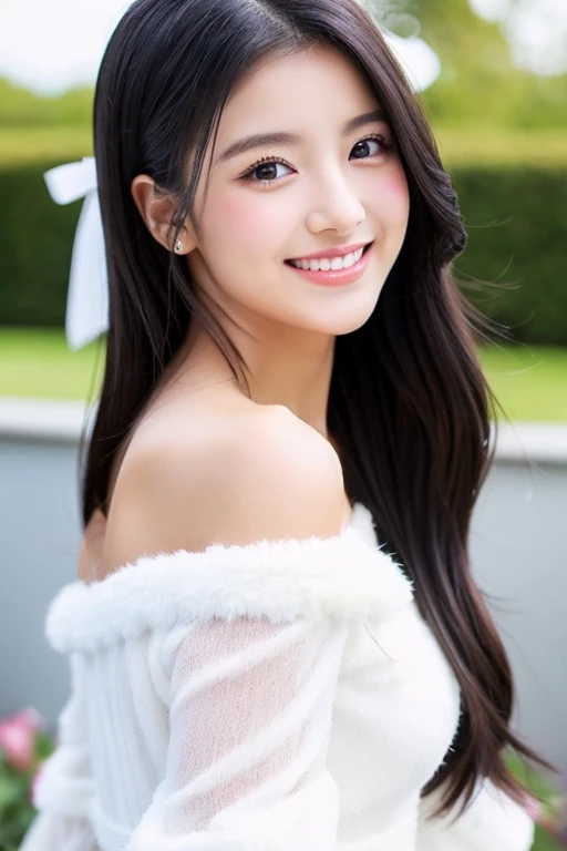 A beautiful girl with long black hair wearing a fluffy white off-shoulder dress、cute、smile、Close-up