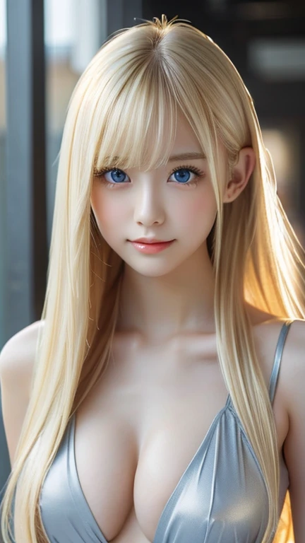 highest quality　Shining, clear, white skin、Her windblown blonde hair hides her beautiful face、huge、20 years old cute sexy little beautiful face、Beautiful straight hair that stands out、growing up, Sparkling light blue eyes、long silky bangs that cover cute eyes, Sexy and cute young woman with super long hair hiding her sexy face、Super long, natural platinum blonde shiny hair　Beautiful bangs that cover the forehead and reach the eyebrows　Beautiful décolletage　Beautiful chest　whole body　Lower Body　Overall image　　(Extremeな下着　Sexy and provocative　Sexy pose　exciting pose　Provocative look)　Extreme　A glamorous look　Sexy look　Sticking out tongue　立ってSexy pose　Hands facing me