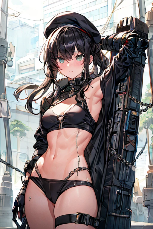 ubel,dark green hair,long hair,side ponytail,hair between eyes,bangs, BREAK (beret, black jacket, open clothes, cleavage, midriff, black shorts, black thighhighs, thigh strap, fingerless gloves, single glove:1.2), Photo,sharpness, F1.6 lens,hyper-realistic textures,spectacular light textures, Cinestil 800 Fashion Mechanics,(((Beautiful woman with left leg restrained and hung by chains))),Appearance,Beautiful girl with accentuated slender abs: 1.1,six-pack abs: 1.1, Bust Botox,Standing on tiptoe, long legs,Long brown hair fluttering in the wind,Brown hair, Long hair, Female Warrior Costume,(No panties,No bra),(tacticul battle fashion,elbow and knee tacticul battle fashion, battle glove: 1.1),((cute batre costume)),The belly comes out and the navel is visible,Thin sheer costume, combat gloves,shredded costumes,cyber long combat boots with golden knee pads,Anatomical,(futuristic sci-fi battle fashion, new elbow and knee cyberpads, new cyberlong boots, new cybergloves: 1.1),(tied perfectly by iron chain), Restraint, Slave, collars, contempt, (Chained), 4 chains hung from heaven, Metallic shackles and fetters, wet crotch clearly visible,((Hands are restrained above the head)), the neck is chained,Chain from left knee to heaven,Chained by rusty iron chains,((the tip is protruding, areolas protruding,The shape of the pubic area is clearly visible:1.2)),Sweating,Wet,Wet crotch,Wet thighs,Junkyard, Realistic, (cute, perfect clothes, skimpy clothes, cute: 1.3) ,Vast miritary base in us,((wide mirtary hospital with summer sunlight)), peeling ceilings, Rebar between, Realistic material details, Extreme details, Ultra-realistic materials,narrow waist,(with sparkling eyes and a contagious smile:0.9),looking at viewer,
