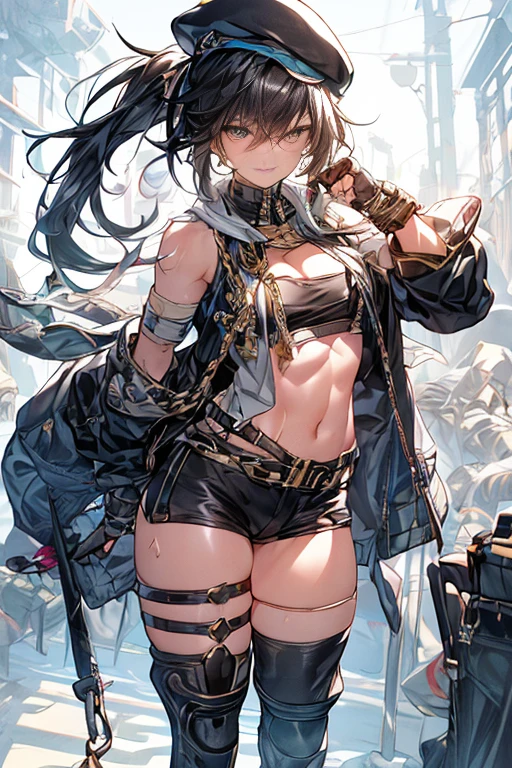ubel,dark green hair,long hair,side ponytail,hair between eyes,bangs, BREAK (beret, black jacket, open clothes, cleavage, midriff, black shorts, black thighhighs, thigh strap, fingerless gloves, single glove:1.2), Photo,sharpness, F1.6 lens,hyper-realistic textures,spectacular light textures, Cinestil 800 Fashion Mechanics,(((Beautiful woman with left leg restrained and hung by chains))),Appearance,Beautiful girl with accentuated slender abs: 1.1,six-pack abs: 1.1, Bust Botox,Standing on tiptoe, long legs,Long brown hair fluttering in the wind,Brown hair, Long hair, Female Warrior Costume,(No panties,No bra),(tacticul battle fashion,elbow and knee tacticul battle fashion, battle glove: 1.1),((cute batre costume)),The belly comes out and the navel is visible,Thin sheer costume, combat gloves,shredded costumes,cyber long combat boots with golden knee pads,Anatomical,(futuristic sci-fi battle fashion, new elbow and knee cyberpads, new cyberlong boots, new cybergloves: 1.1),(tied perfectly by iron chain), Restraint, Slave, collars, contempt, (Chained), 4 chains hung from heaven, Metallic shackles and fetters, wet crotch clearly visible,((Hands are restrained above the head)), the neck is chained,Chain from left knee to heaven,Chained by rusty iron chains,((the tip is protruding, areolas protruding,The shape of the pubic area is clearly visible:1.2)),Sweating,Wet,Wet crotch,Wet thighs,Junkyard, Realistic, (cute, perfect clothes, skimpy clothes, cute: 1.3) ,Vast miritary base in us,((wide mirtary hospital with summer sunlight)), peeling ceilings, Rebar between, Realistic material details, Extreme details, Ultra-realistic materials,narrow waist,(with sparkling eyes and a contagious smile:0.9),looking at viewer,