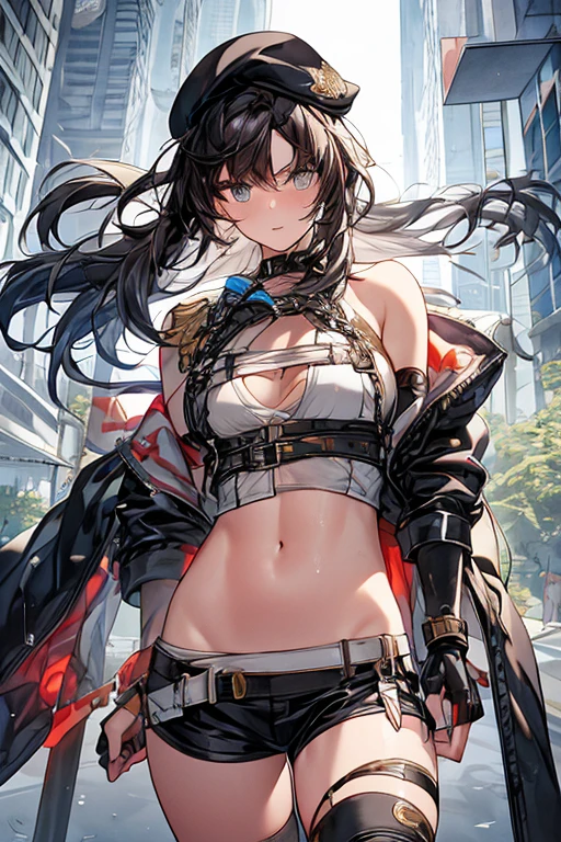 ubel,dark green hair,long hair,side ponytail,hair between eyes,bangs, BREAK (beret, black jacket, open clothes, cleavage, midriff, black shorts, black thighhighs, thigh strap, fingerless gloves, single glove:1.2), Photo,sharpness, F1.6 lens,hyper-realistic textures,spectacular light textures, Cinestil 800 Fashion Mechanics,(((Beautiful woman with left leg restrained and hung by chains))),Appearance,Beautiful girl with accentuated slender abs: 1.1,six-pack abs: 1.1, Bust Botox,Standing on tiptoe, long legs,Long brown hair fluttering in the wind,Brown hair, Long hair, Female Warrior Costume,(No panties,No bra),(tacticul battle fashion,elbow and knee tacticul battle fashion, battle glove: 1.1),((cute batre costume)),The belly comes out and the navel is visible,Thin sheer costume, combat gloves,shredded costumes,cyber long combat boots with golden knee pads,Anatomical,(futuristic sci-fi battle fashion, new elbow and knee cyberpads, new cyberlong boots, new cybergloves: 1.1),(tied perfectly by iron chain), Restraint, Slave, collars, contempt, (Chained), 4 chains hung from heaven, Metallic shackles and fetters, wet crotch clearly visible,((Hands are restrained above the head)), the neck is chained,Chain from left knee to heaven,Chained by rusty iron chains,((the tip is protruding, areolas protruding,The shape of the pubic area is clearly visible:1.2)),Sweating,Wet,Wet crotch,Wet thighs,Junkyard, Realistic, (cute, perfect clothes, skimpy clothes, cute: 1.3) ,Vast miritary base in us,((wide mirtary hospital with summer sunlight)), peeling ceilings, Rebar between, Realistic material details, Extreme details, Ultra-realistic materials,narrow waist,(with sparkling eyes and a contagious smile:0.9),looking at viewer,