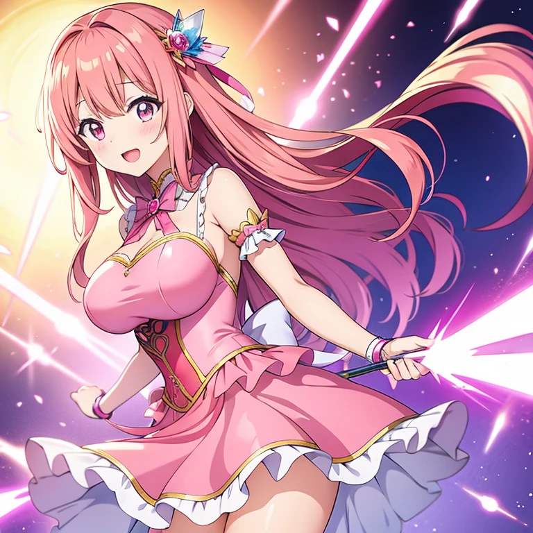 (masterpiece, best quality:1.2), 1girl, solo,anime girl in a pink dress , ,  pink female  girl, fine details. anime. , a human-like juicy peach, biomechanical oppai,  , anime monster girl, splash art anime ,  in dress