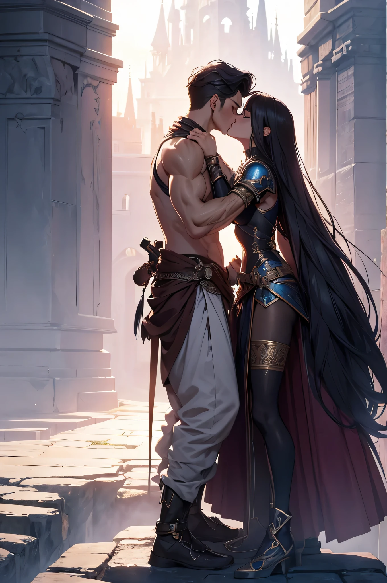 official art, unity 8k wallpaper, ultra detailed, beautiful and aesthetic, High quality, beautiful, masterpiece, best quality, a male muscular warrior arm veins, kissing a princess, (kissing), hugging, romantic, love, fantasy, castle