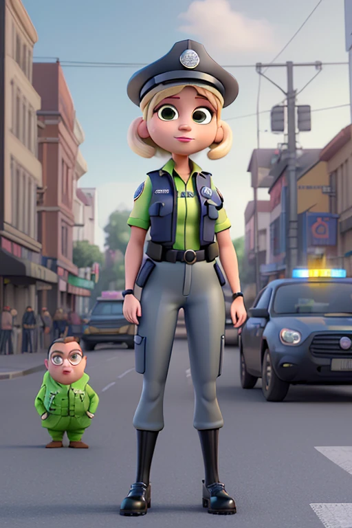 Uma onça vestida de TRAFFIC COP, com colete TRAFFIC COP, estilo pixar, 3d, garota, TRAFFIC COP, near the traffic light, , fofinho, colete militar, tactical vest, masculino, traffic police, , pequeno, rosto rosado, blusa azul escuro, blond hair