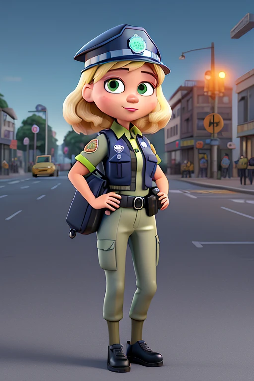 Uma onça vestida de TRAFFIC COP, com colete TRAFFIC COP, estilo pixar, 3d, garota, TRAFFIC COP, near the traffic light, , fofinho, colete militar, tactical vest, masculino, traffic police, , pequeno, rosto rosado, blusa azul escuro, blond hair 