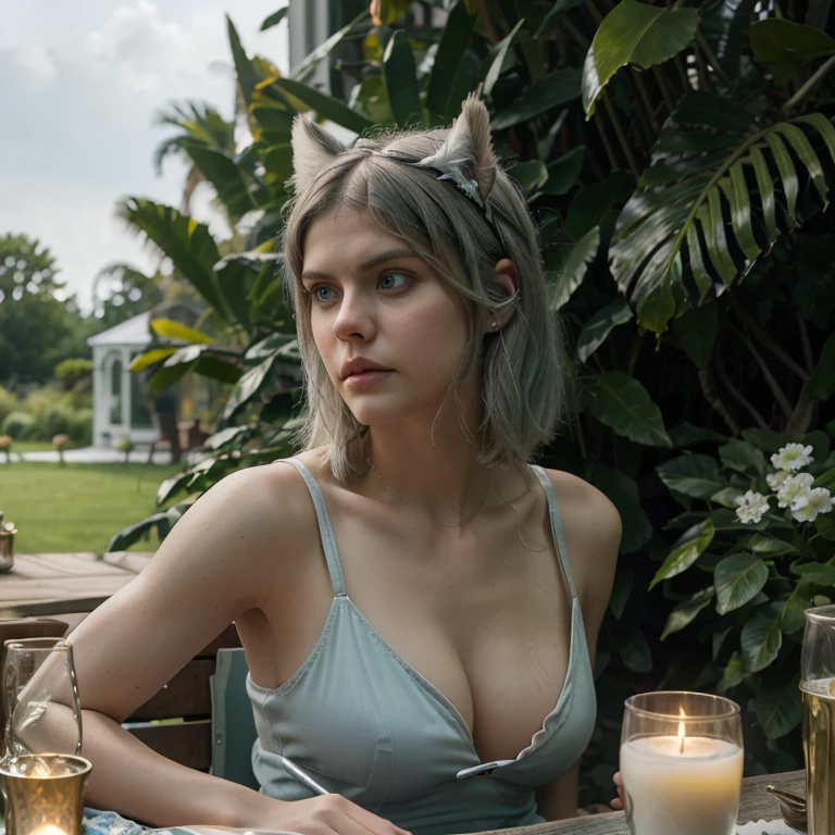 Alexandra Daddario, masterpiece, best quality,ultra-detailed,hyper details, cinematic light,, 1girl, solo, sit, outdoor, summerhouse, sitting in the summerhouse, plants, table, chandelier, candle, wind, blue eyes, pan-green silver hair, short hair, animal_ears, animal_ear_fluff, floating hair, light, light frown, profile,looking at viewer, dynamic_angle