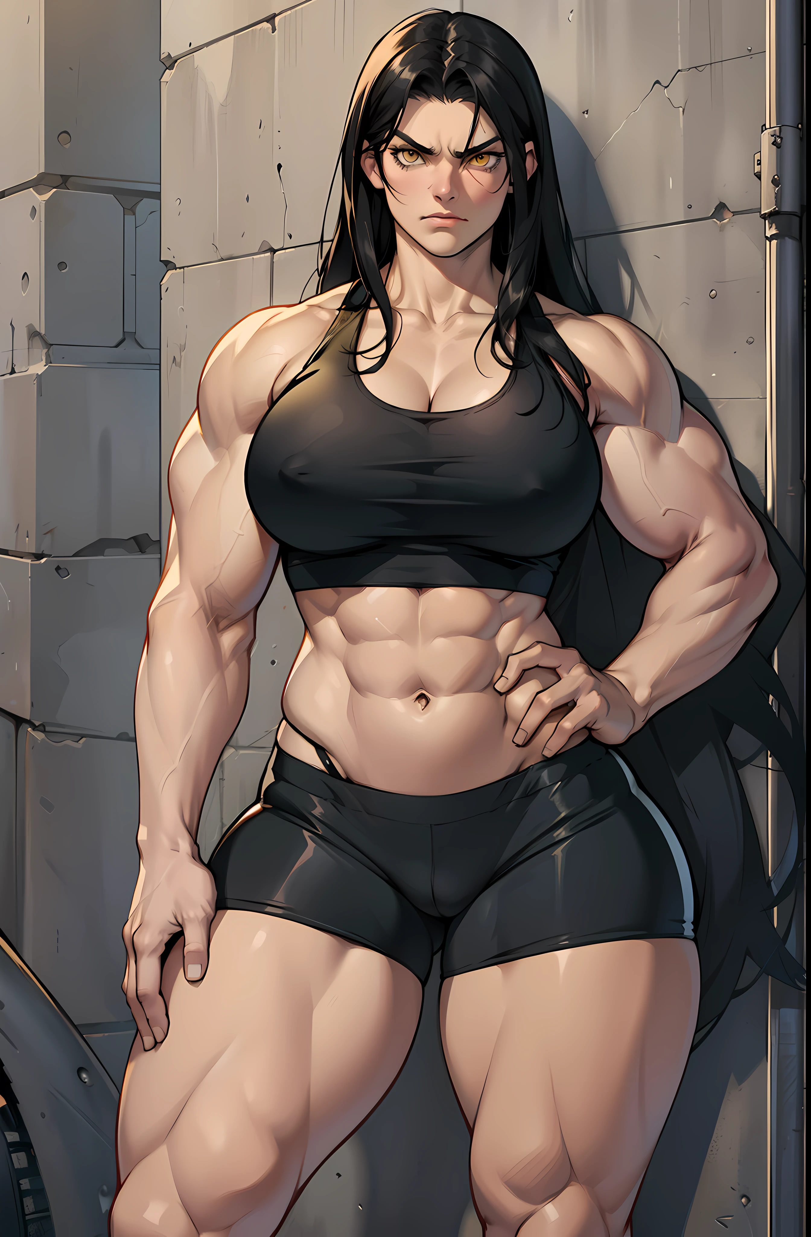 solo, ((1 girl)), very long hair, black hair, angry, yellow eyes, ((((muscular)))), ((huge tits)), ((thick thighs)), ((wide hips)), (cowboy shot), pale skin, tank top, bike shorts, standing, toned body, against wall
