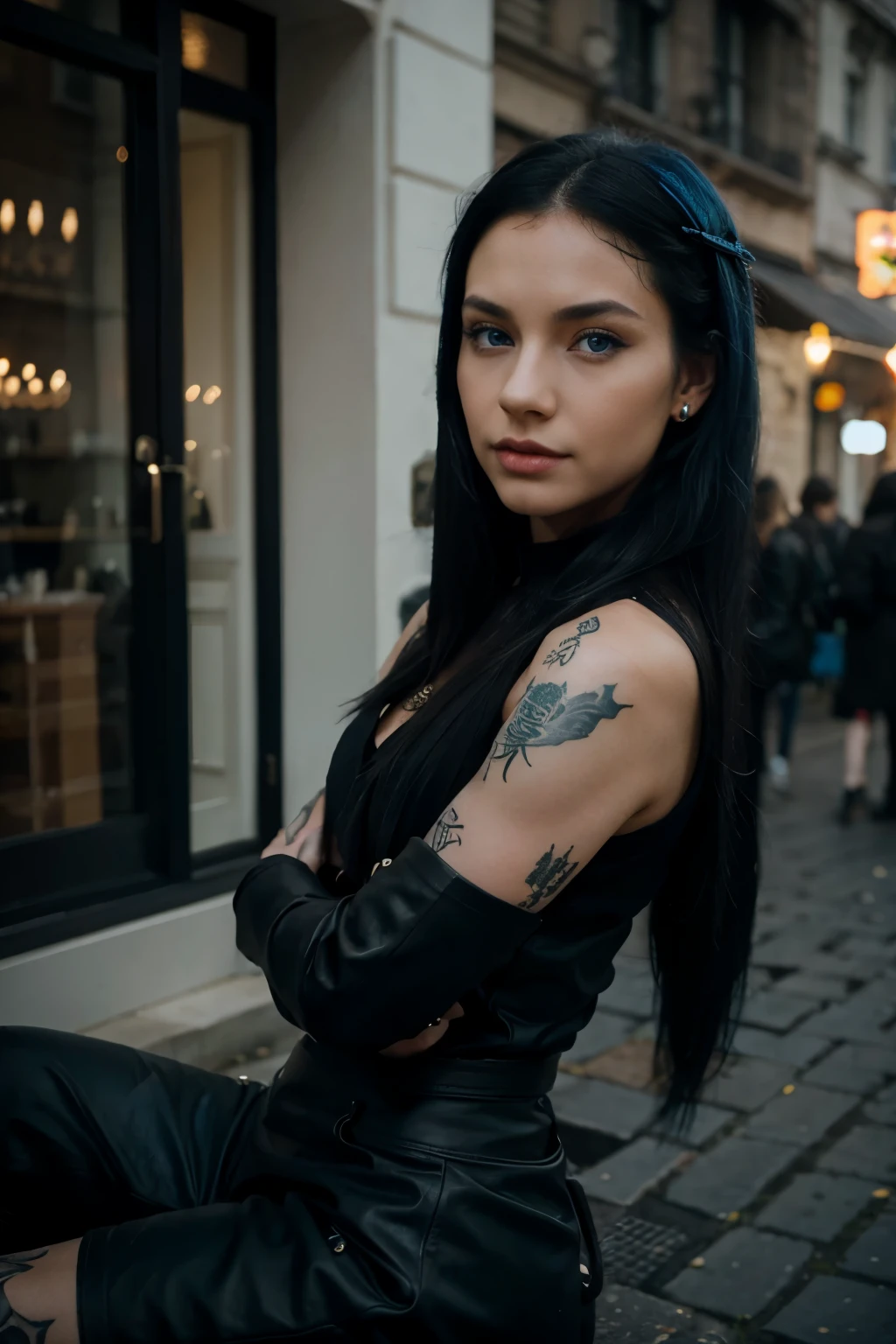 1 girl, long black hair, European, dragon tattoo on leg, ear piercings, expressive blue eyes