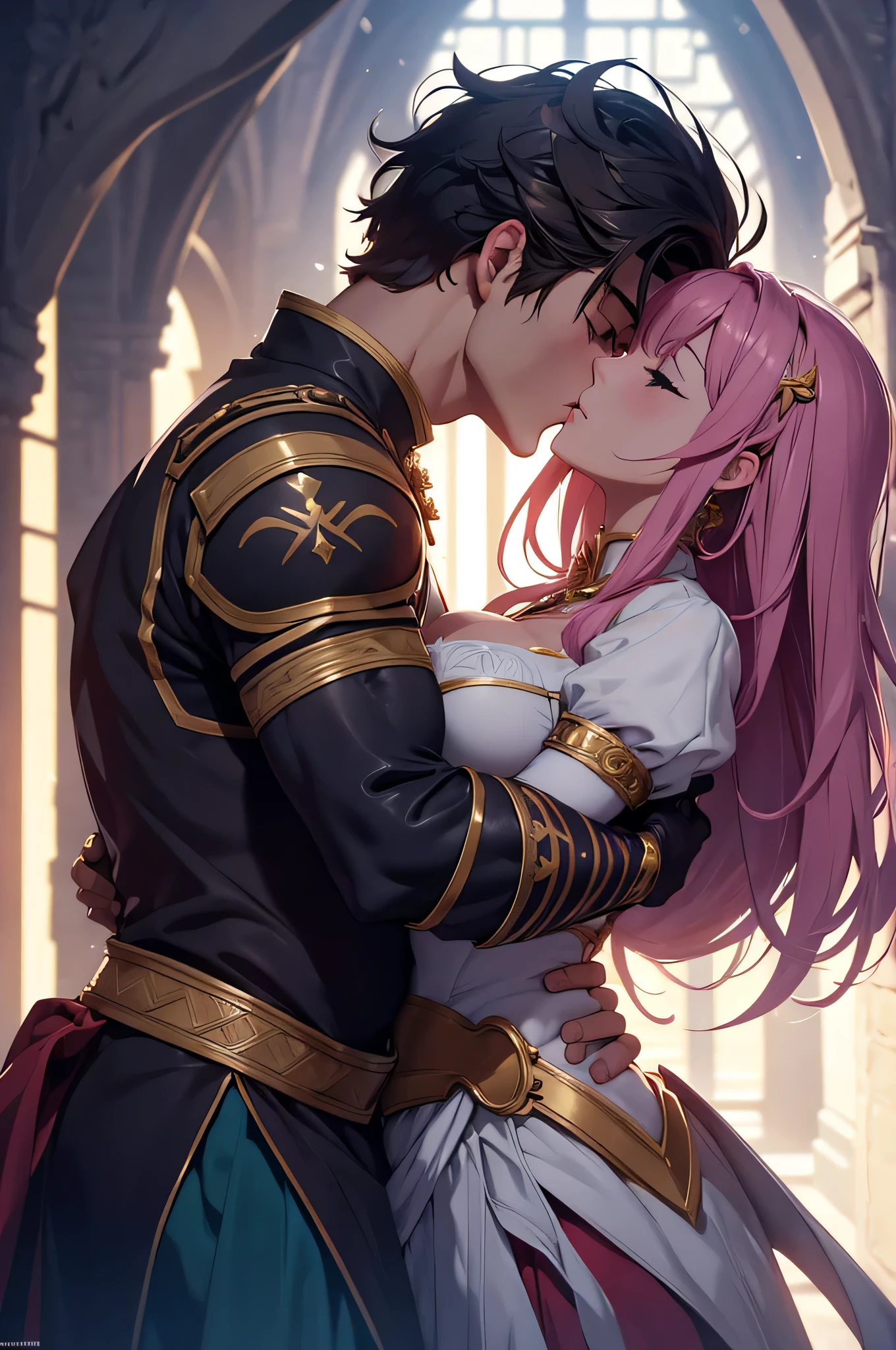 official art, unity 8k wallpaper, ultra detailed, beautiful and aesthetic, High quality, beautiful, masterpiece, best quality, a male muscular warrior arm veins, kissing a princess, (kissing), hugging, romantic, love, fantasy, castle