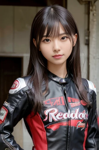 best quality, detailed, beautiful, insanely detailed, absurdres,perfect anatomy, Japanese woman,black hair,27 years old, (slender), (small breasts best quality),(red racing motorcycle:1.3),cheerful grin, hands on hips,red racing motorcycle