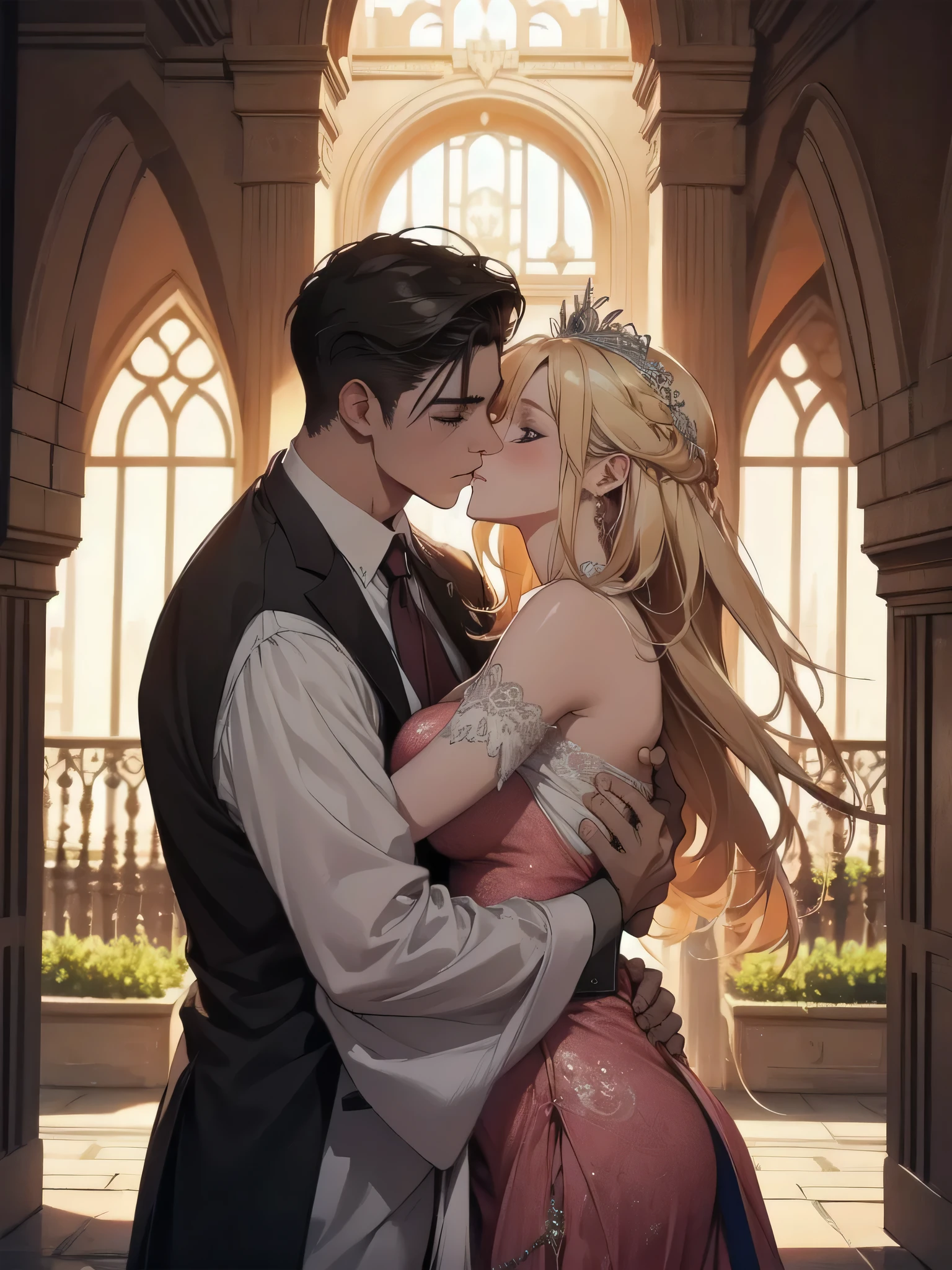 official art, unity 8k wallpaper, ultra detailed, beautiful and aesthetic, High quality, beautiful, masterpiece, best quality, a male muscular warrior arm veins, kissing a princess, (kissing), hugging, romantic, love, fantasy, castle