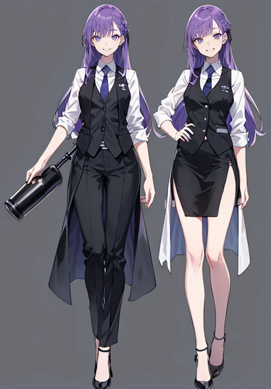 ((Perfect Face)),Purple Hair,voluminous long hair,1 female,bartender,suit,Black vest,A shirt with rolled up sleeves,tie,slit,High heels,,((Simple Background)),smile,((whole body)),((whole body)),Portraiture,virtual,upright,,both arms are down,Standing upright with face and body facing forward,