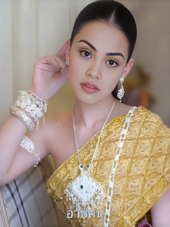 Woman in white dress with red and white dress, Portrait of a modern Darna, Southeast Asia that has existed for a long time, traditional beauty, Southeast Asians with round faces, beautiful oriental woman, Portrait, Portraitที่สวยงาม, beautiful young asian woman, closeup Portrait, Sukhothai set, Portraitกลางช็อต, young asian woman