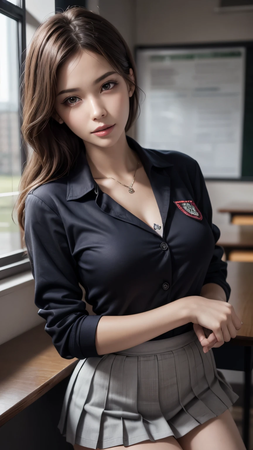 (1 Girl), (sexy look:1.5), Small Breasts, (Very detailed eyes, The face is rich in detail), (Surrealism, high resolution), (best quality:1.4), (Ultra-high quality), Realistic skin texture, original photo, (Practical, Photorealistic:1.37), Very detailed, Professional photography, (Uniforms, Pleated Skirt:1.3), (staring at me), (white underwear), (School, classroom