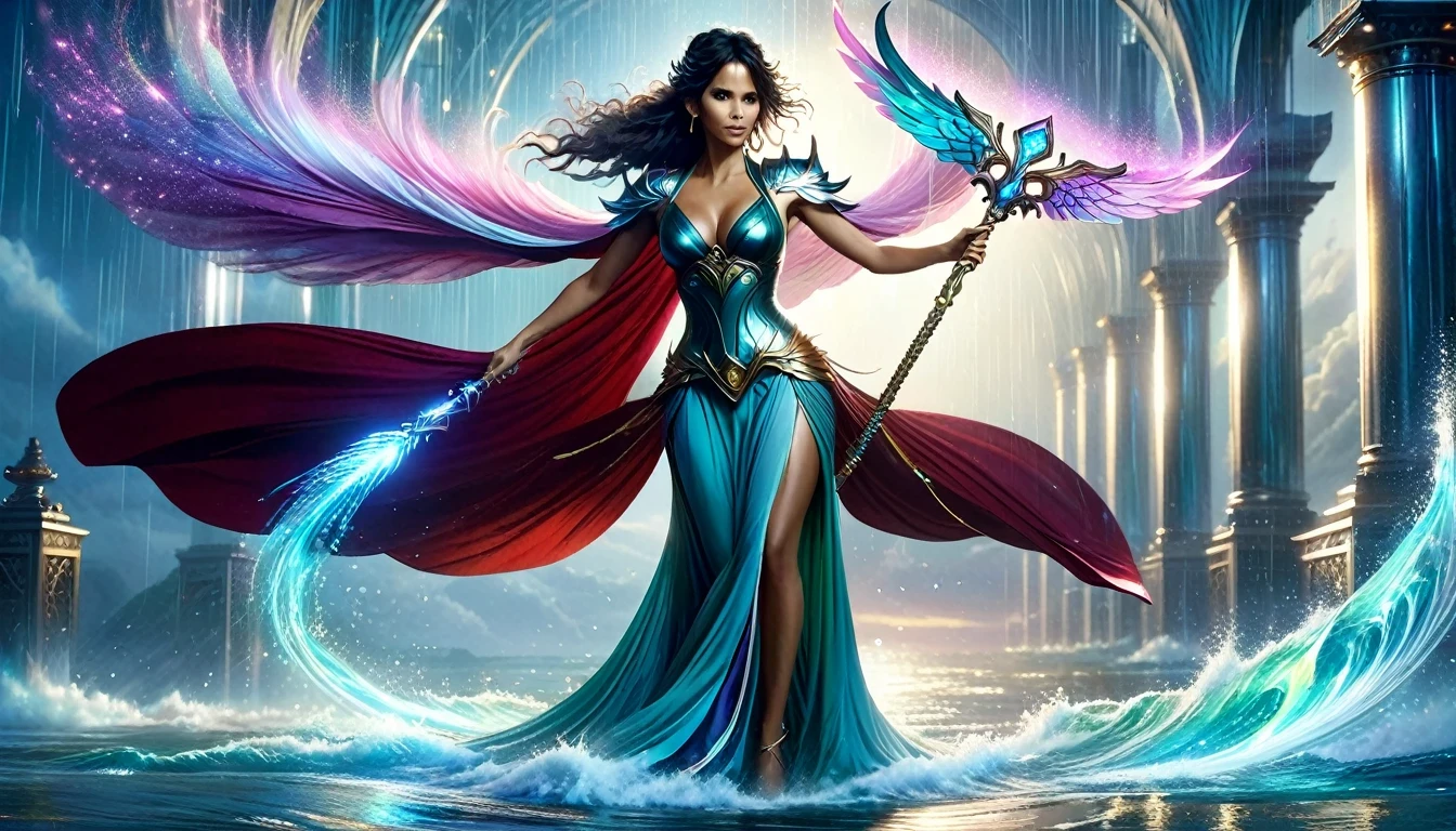 ((Halle Berry, (22 anos), de corpo inteiro), The skirt is long to the floor)), usando vestido longo Vermelho, usando uma coroa e segurando uma espada, um anjo majestoso de corpo inteiro, uma linda maga celestial, inspirado em Lan Ying, uma fada de corpo inteiro, Mu Yanling, a rainha do mar, the mysterious Valkyrie Atlantis, Hirase Jinyao, inspirado em Ju Lian, modelo IG |Artgerm, like a mysterious Valkyrie.