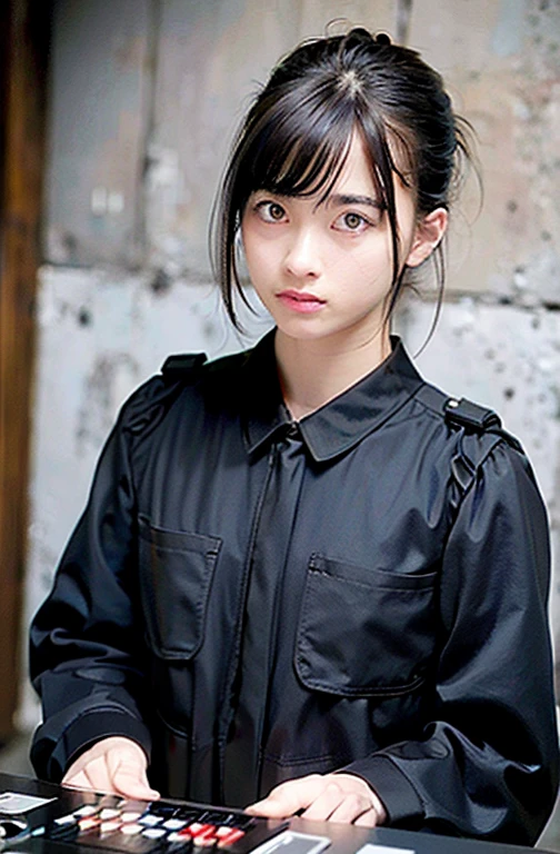 highest quality, masterpiece, Ultra-high resolution, (Realistic: 1.4), RAW Photos, 1 girl, Black Hair, Glowing Skin, Dramatic lighting, whole body, dj figure, Black Cut Sew