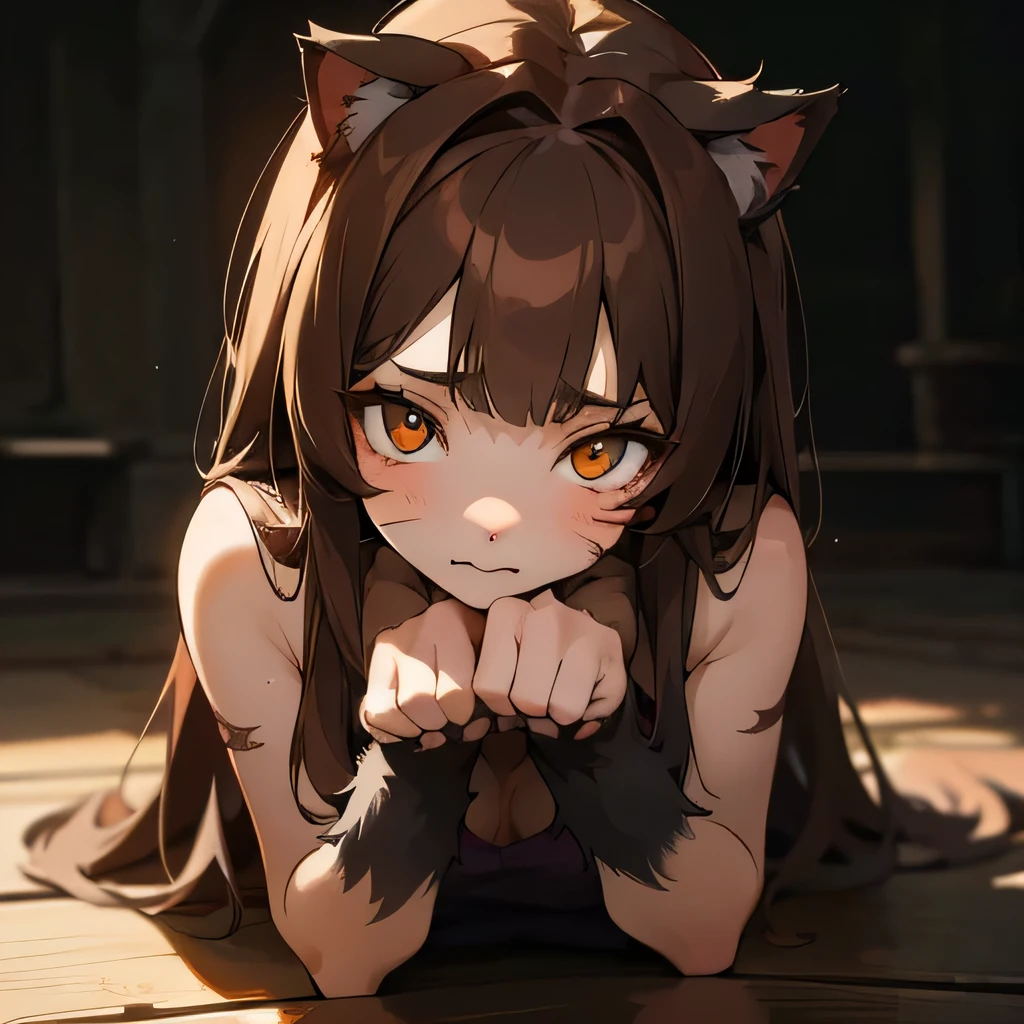 Cute girl, werewolf, brown hair, scars, golden eyes, paws, face focus, furry, submissive, innocent, half human, beautiful, innocent