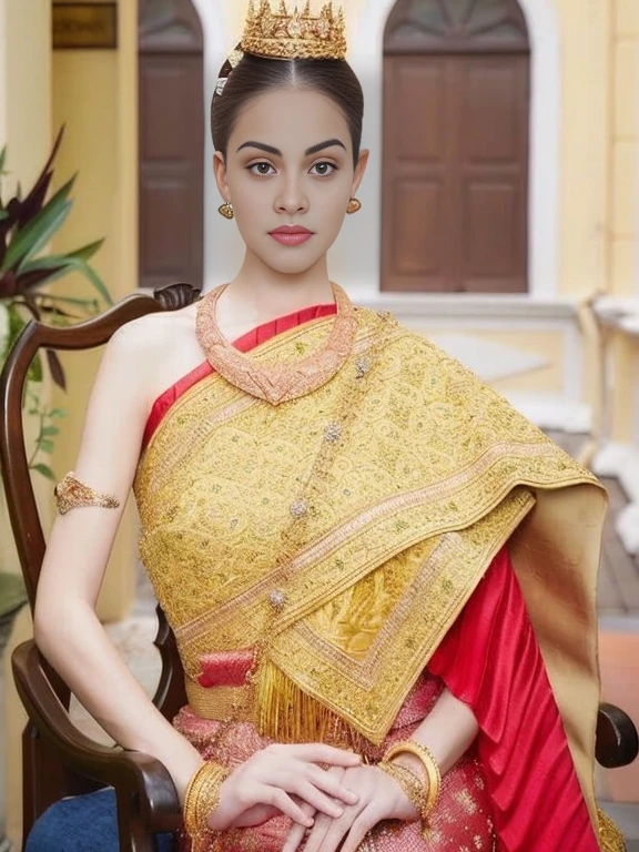 arafed woman in a traditional thai dress sitting in a chair, traditional beauty, Sukhothai set, According to Thawan Duchanee&#39;s style, Luxurious robes of red and gold, Wear elegant clothes, Dress in a sari., Niwan Chandra, traditional, Decorated with smooth gold., traditional clothes, Southeast Asia that has existed for a long time, traditional dress