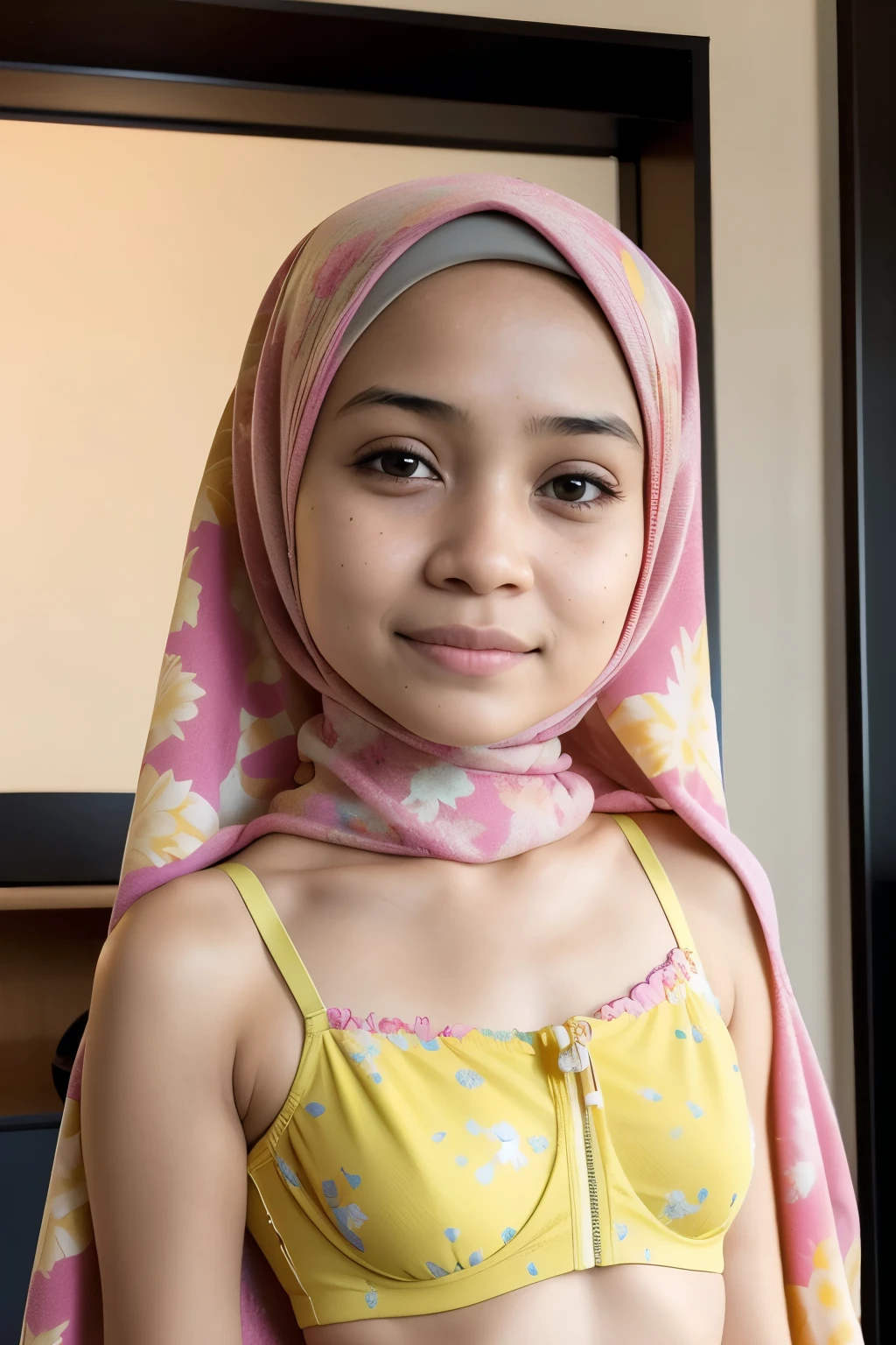 Naked, (((HIJAB MALAY GIRL))), masutepiece, High quality, UHD 32K, Realistic face, Realistic skin feeling , A Japanese Lady, , , Very cute and baby-like face, (((FLAT CHEST))), (MATRIX WORLD), ((look In front at the camera and SADNESS)), ((())), (((CUTE GIRL))), ((YELLOW LIPS)), ((wering lingerie Bra Floral Pattern))