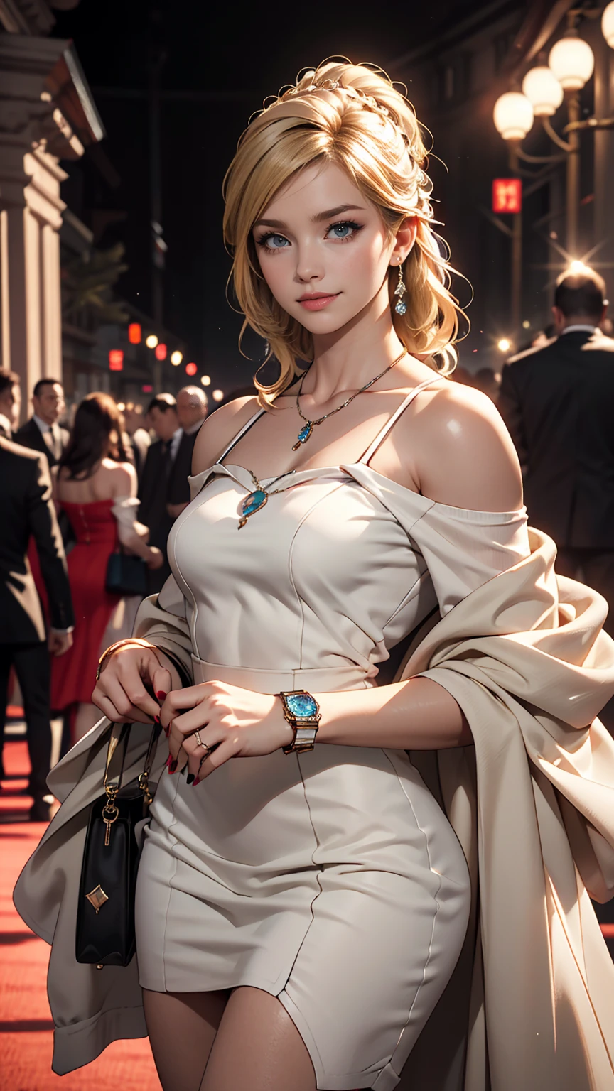 ((最high quality, 8K, masterpiece: 1.3, Ultra HD, high quality, 最high quality, High resolution, realism)) 、(High saturation:1.0), (Highly detailed skin), (最high quality:1.0), (超High resolution:1.0) ,(Realistic:1.0), (Very detailed:1.0), (8K, Raw photo:1.1), slender、Slender, muscular body that&#39;s toned like an athlete&#39;s、I want my head to stay off screen、Wear accessories on your wrist、Wearing red nail polish、I have a peticure、25-year-old Caucasian female、Platinum Blonde、blue eyes、long hair、Hair above one eye、smile、Wear an off-the-shoulder dress、Wear high heels、Attend a party in a lavish palace、standing on the red carpet、Hair style is up style、light smile