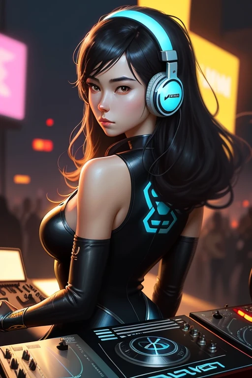 ((digital drawing)), ((4k)), ((Comic Babes)), a close-up of a person with headphones playing a DJ, background art, realism art style, guweiz style artwork, Artgerm portrait, digital fantasy portrait, photorealistic art style, realistic art style, Epic portrait illustration, cartoon digital painting, beautiful digital art, in the style of artgerm, extremely detailed artgerm, DJ Sura