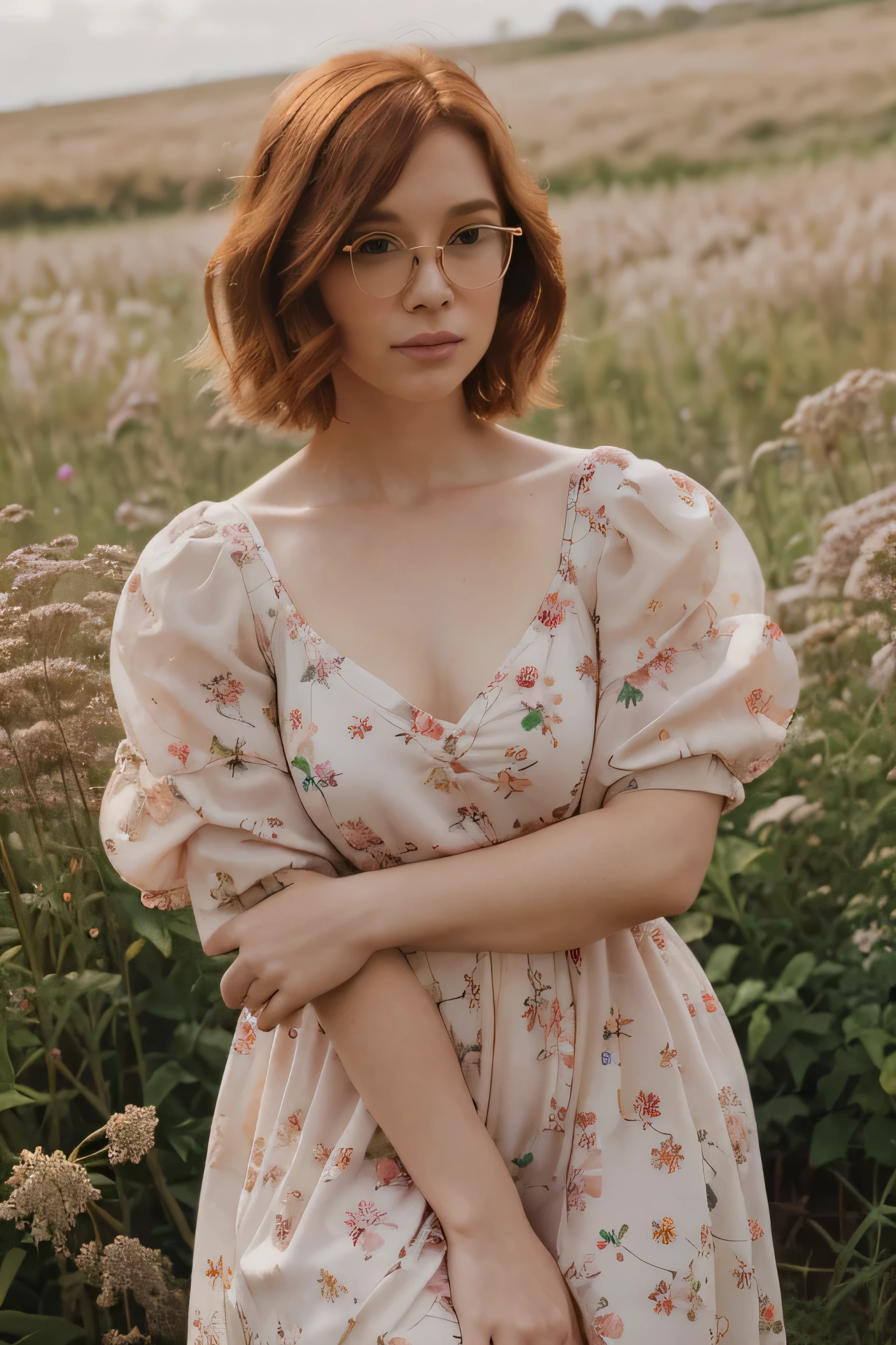 Ginger-auburn hair, beautiful, short frizzy bob cut, glasses, muted pink floral puff sleeve midi dress, u neck, looking off, field of flowers