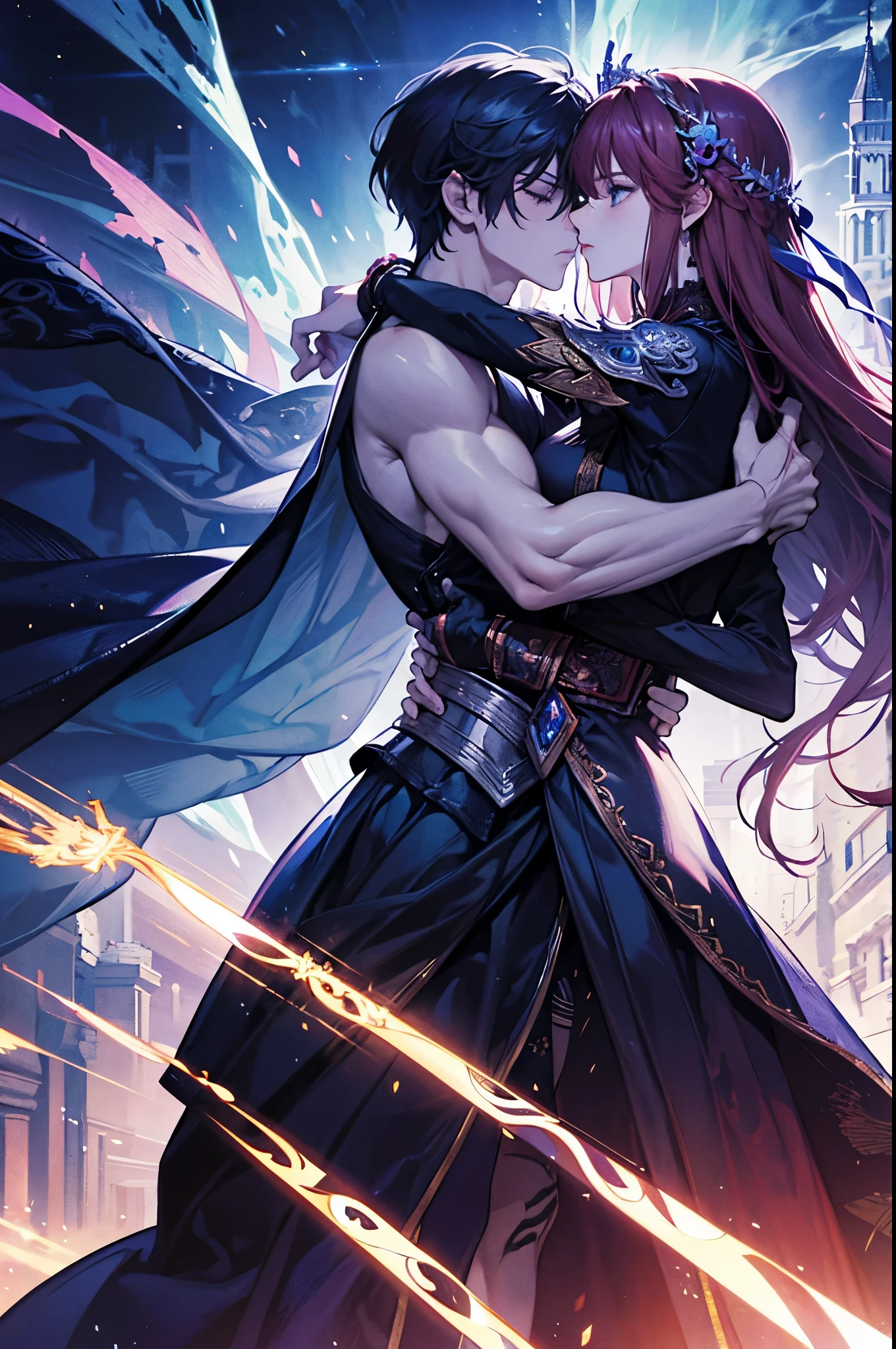 official art, unity 8k wallpaper, ultra detailed, beautiful and aesthetic, High quality, beautiful, masterpiece, best quality, a male muscular warrior arm veins, kissing a princess, (kissing), hugging, romantic, love, fantasy, castle