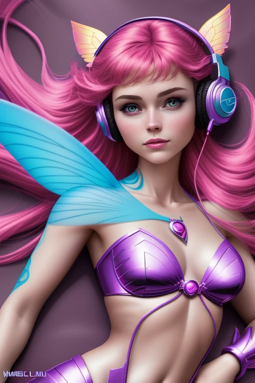 ((4k)),((comic babes)), ((best quality)), ((artwork)), (detailed), Winx's perfect face, fairy, muse, floats in the air, listens to music, from holding hands in headphones, music