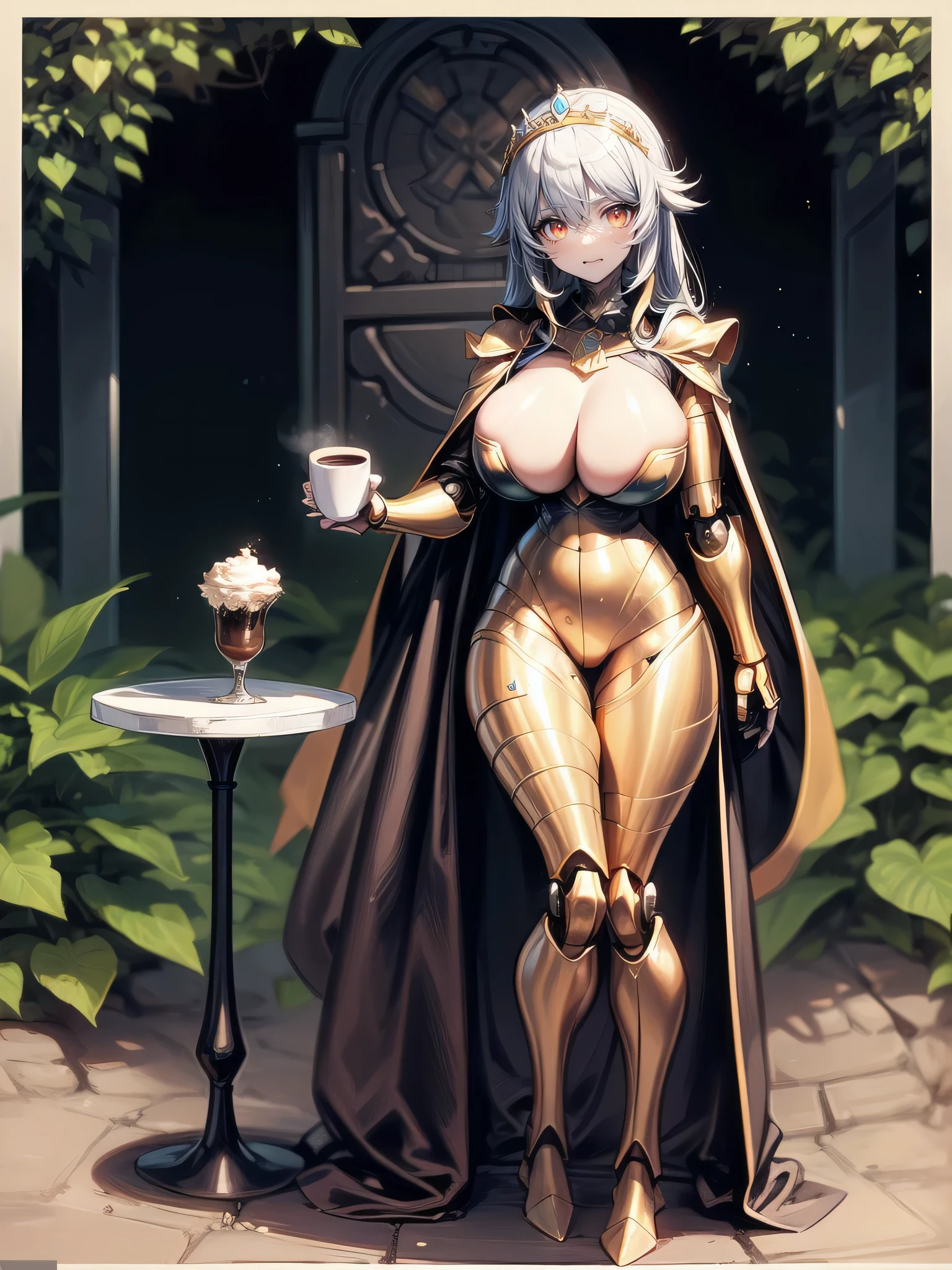 One girl,alone, Robot Girl, Humanoid Robot,robot joints, Orange eyes,Long Hair, (Skin of color),Huge breasts,tiara, jewelry, Dress in Armor,Gold border, No sleeve,Cape,background castle, (Outdoor),garden,Sitting,Throne,(Coffee cup in hand),table,View your viewers, A light smile