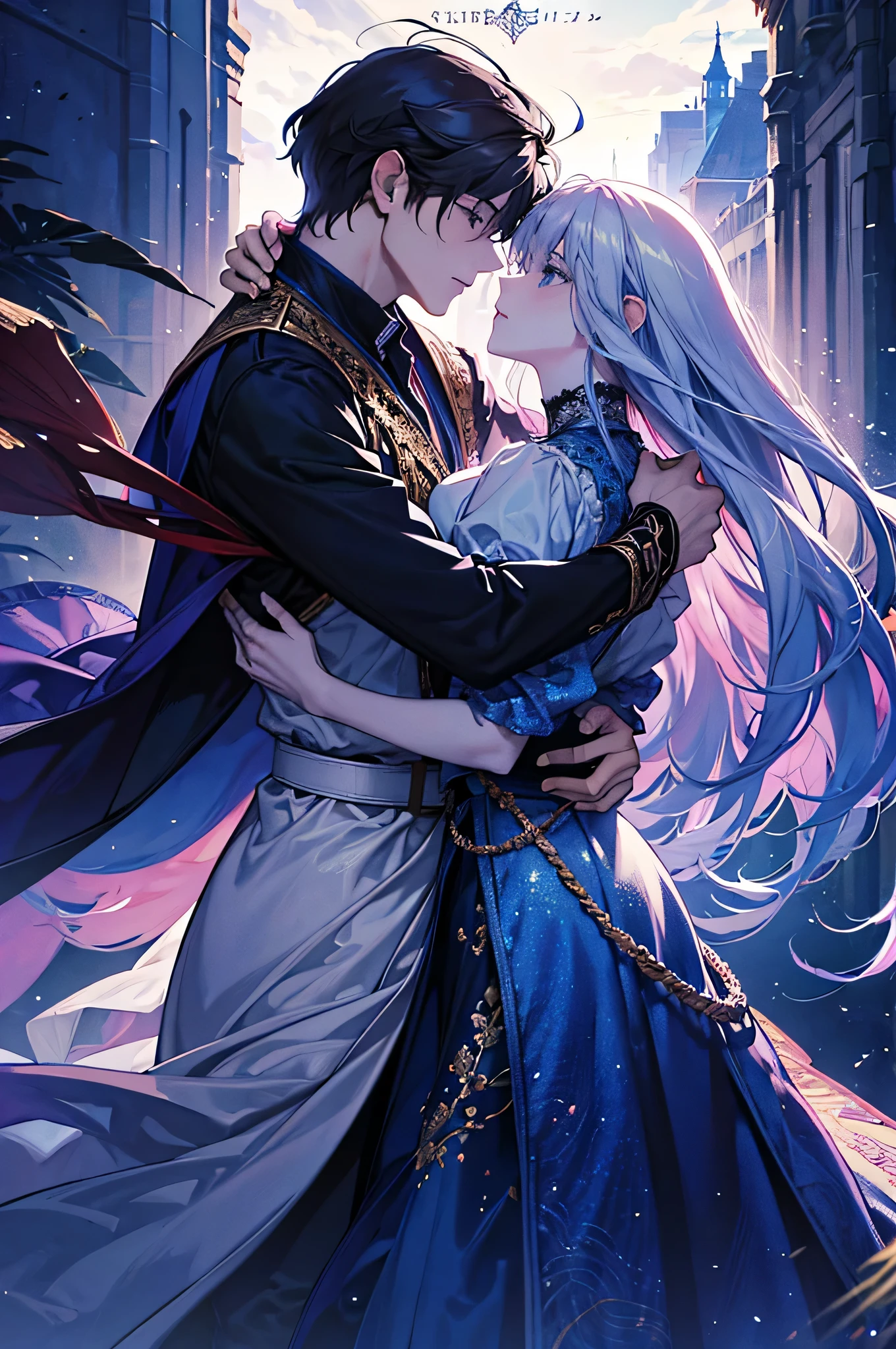 A princess and a prince that look like Disney princesses.The background has an emotional feel.