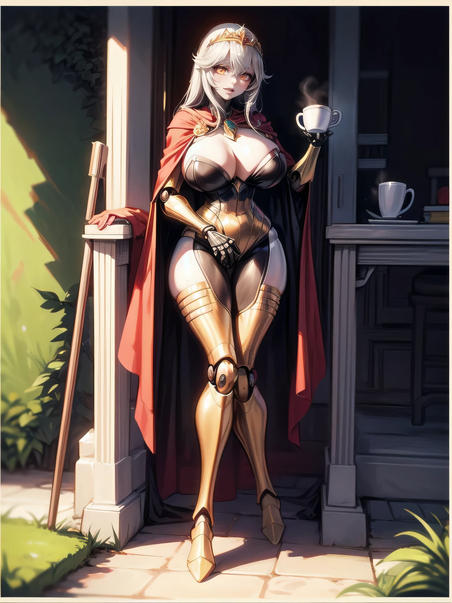 One girl,alone, Robot Girl, Humanoid Robot,robot joints, Orange eyes,Long Hair, (Skin of color),Huge breasts,tiara, jewelry, Dress in Armor,Gold border, No sleeve,Cape,background castle, (Outdoor),garden,Sitting,Throne,(Coffee cup in hand),table,View your viewers, A light smile