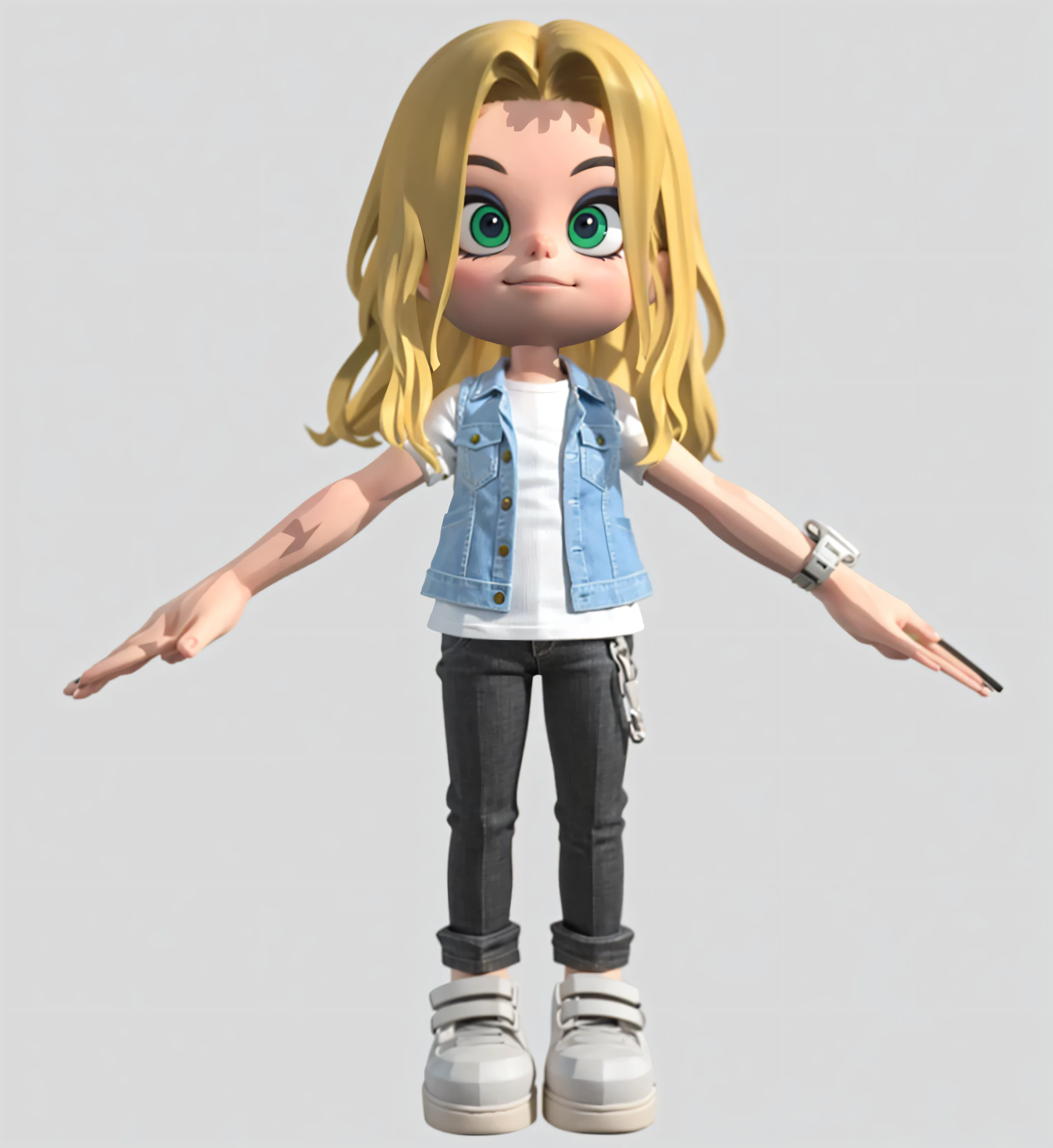 a close up of a cartoon girl with blonde long hair and green eyes, highly detailed character, 3d character, white t-shirt, denim vest, black pants, white sneakers, gentle smile, smash ultimate lighting, watch, realistic hair texture, cloth details