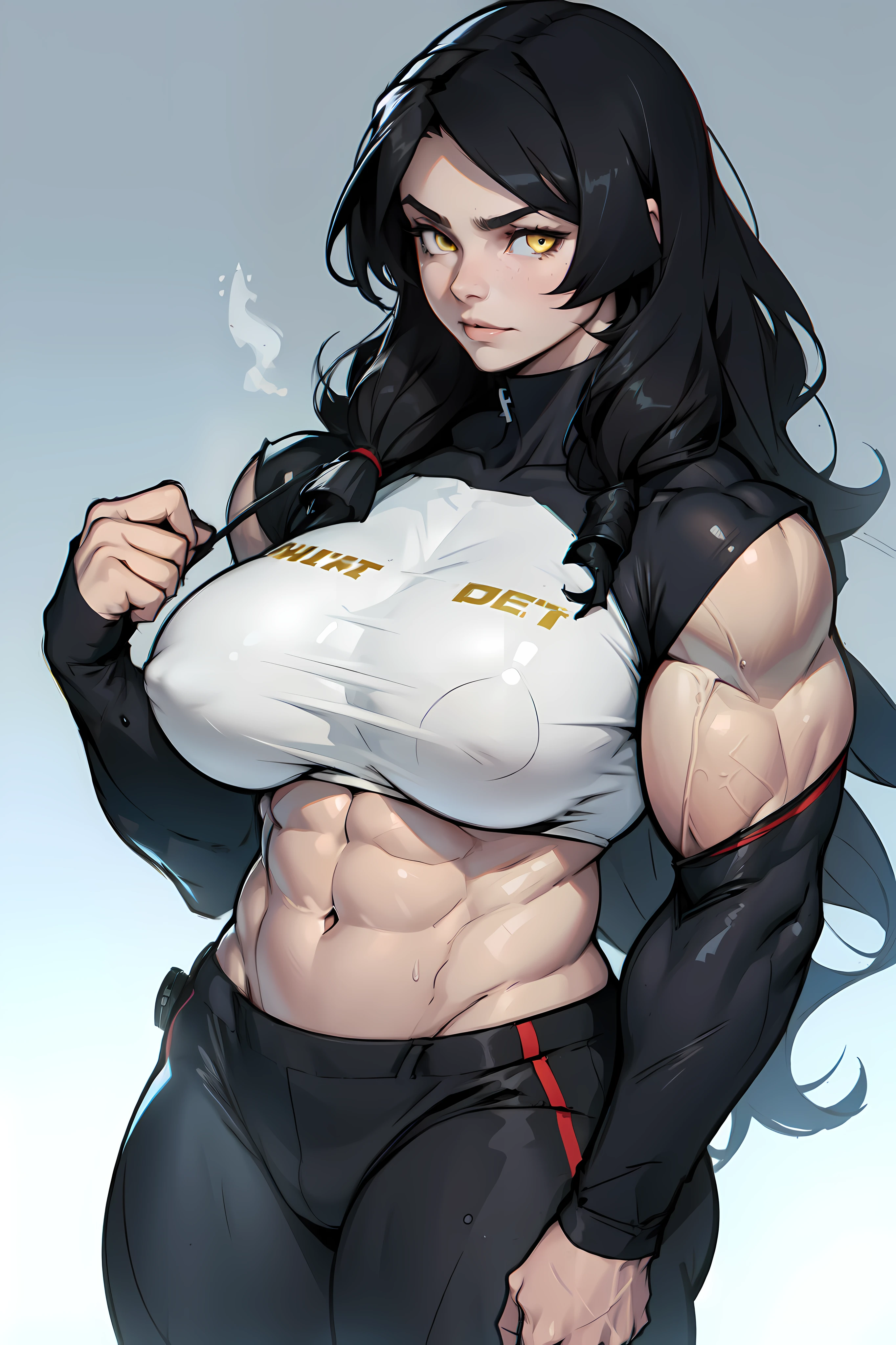 ((((((muscular 1 girl)))))), huge breasts, toned body, black hair, pale skin, yellow eyes, very long hair