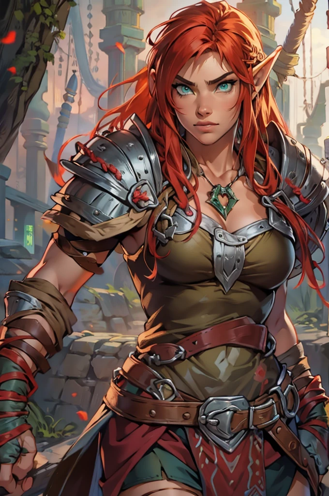 ((8k, masterpiece, very detailed)) Female barbarian elf, red hair, small breasts ((athletic body)), light leather armor, leather skirt ((armor:1.2)), fierce warrior, captivating green eyes, carrying a runic longsword