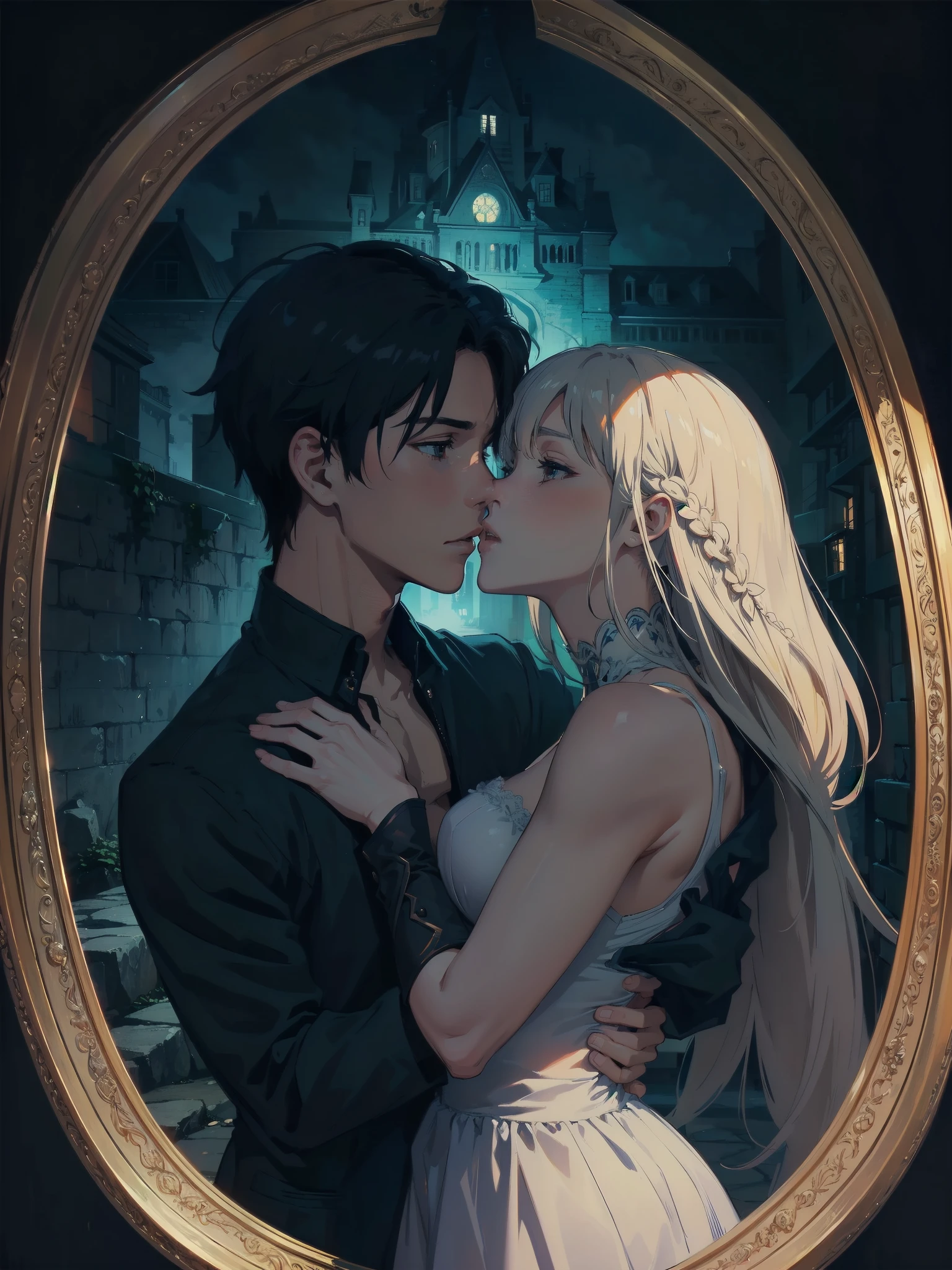 official art, unity 8k wallpaper, ultra detailed, beautiful and aesthetic, High quality, beautiful, masterpiece, best quality, a male muscular warrior arm veins, kissing a princess, (kissing), hugging, romantic, love, fantasy, castle