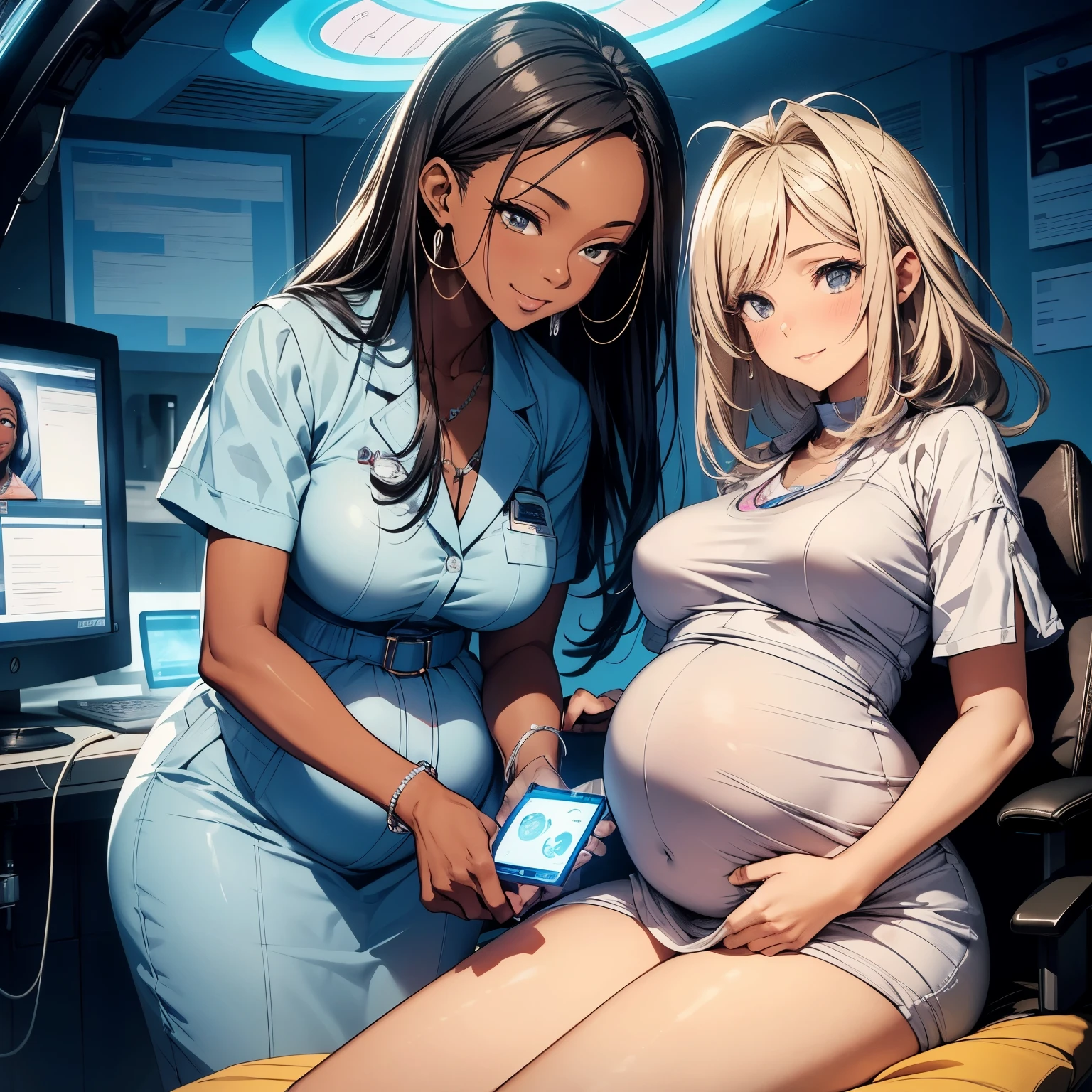 An African American female gynecologist doctor, named Dr. Adebayo, in her consultation room attends to a pregnant woman with blonde hair. The woman, comfortably positioned on the examination table, smiles reassuringly as Dr. Adebayo performs an ultrasound. The magical sensor on her belly transmits a top-quality, ultra-realistic image, revealing the fetus at approximately fifteen weeks of pregnancy. Dr. Adebayo's face reflects the exquisite detail and majesty of this moment as the perfect facial features of both women illuminate in the soft, professional lighting. Her hands, with perfect, delicate fingers, gently manipulate the ultrasound wand,