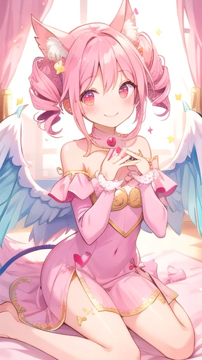 cute lady, happy, smile,,thin,,,tall,,,room,glitter,heart,pink drill hair,wings,ears,tail,magic ,sit