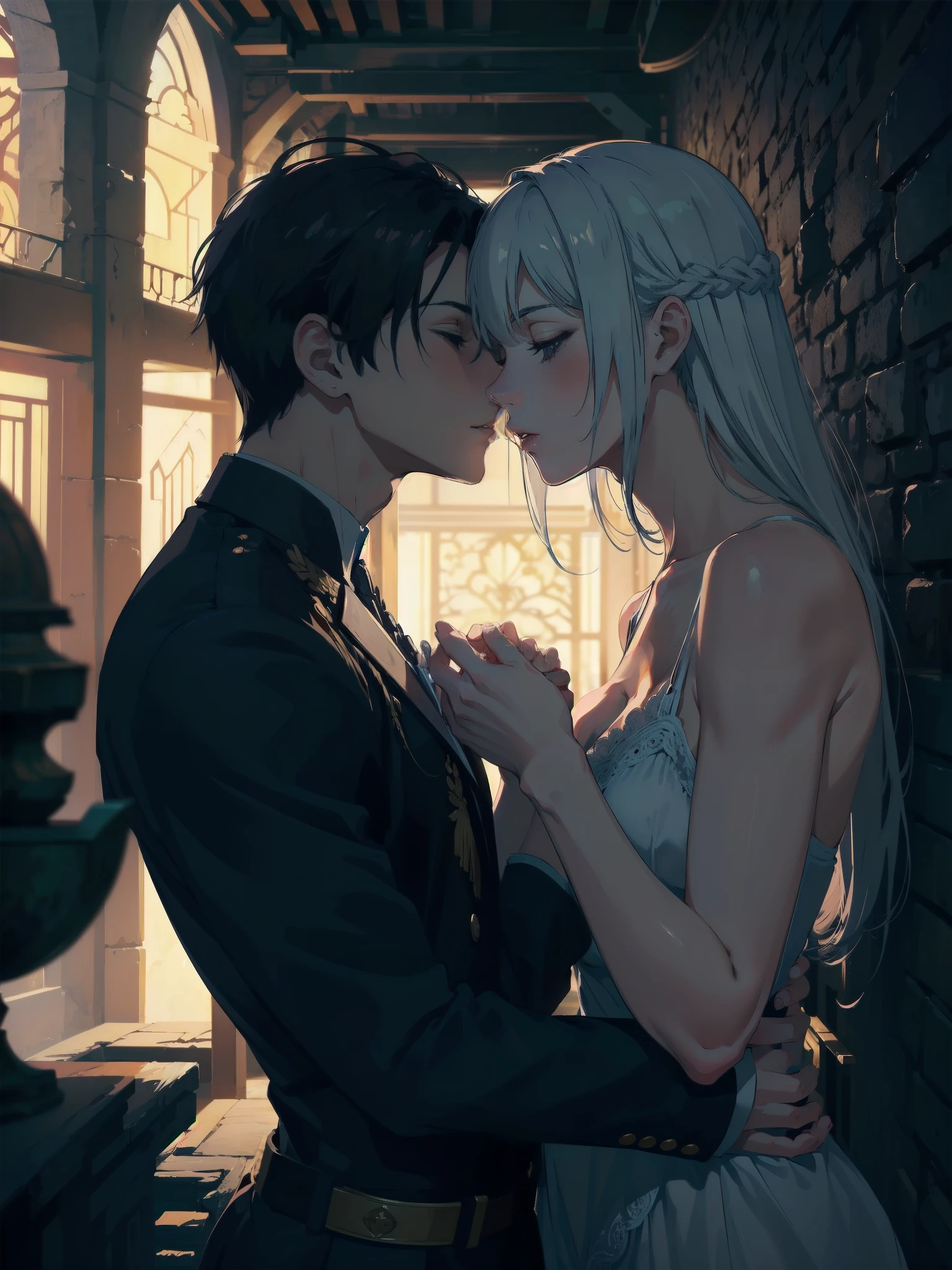 official art, unity 8k wallpaper, ultra detailed, beautiful and aesthetic, High quality, beautiful, masterpiece, best quality, a male muscular warrior arm veins, kissing a princess, (kissing), hugging, romantic, love, fantasy, castle