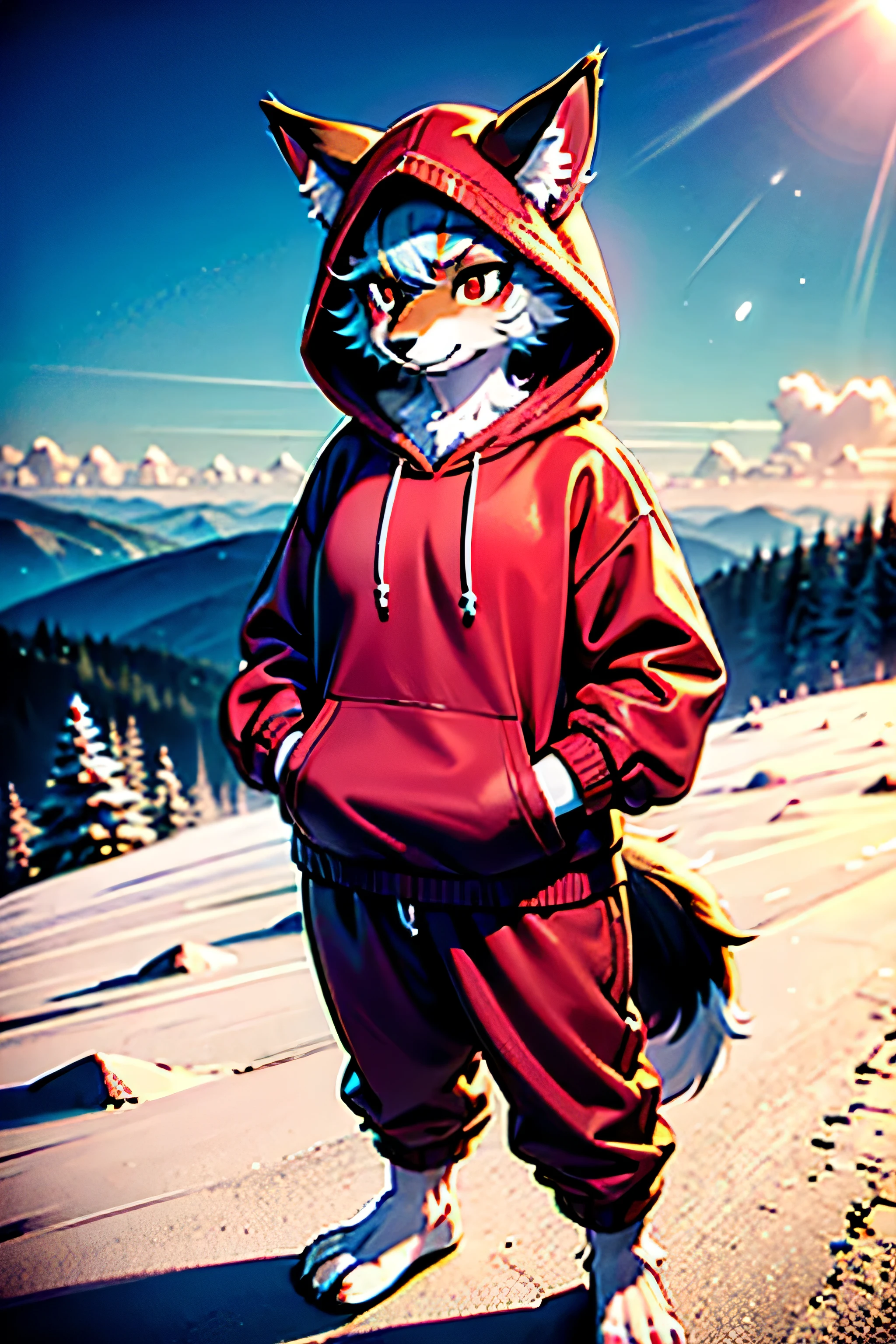 A anthropomorphic wolf standing, admiring a beautiful sight while on top of a mountain, (fur color; Crimson-red), (gender; female),(clothing; oversized hoodie, fluffy pants),(appearance, feminine, short adult, skinny, Crimson-red fur,)
