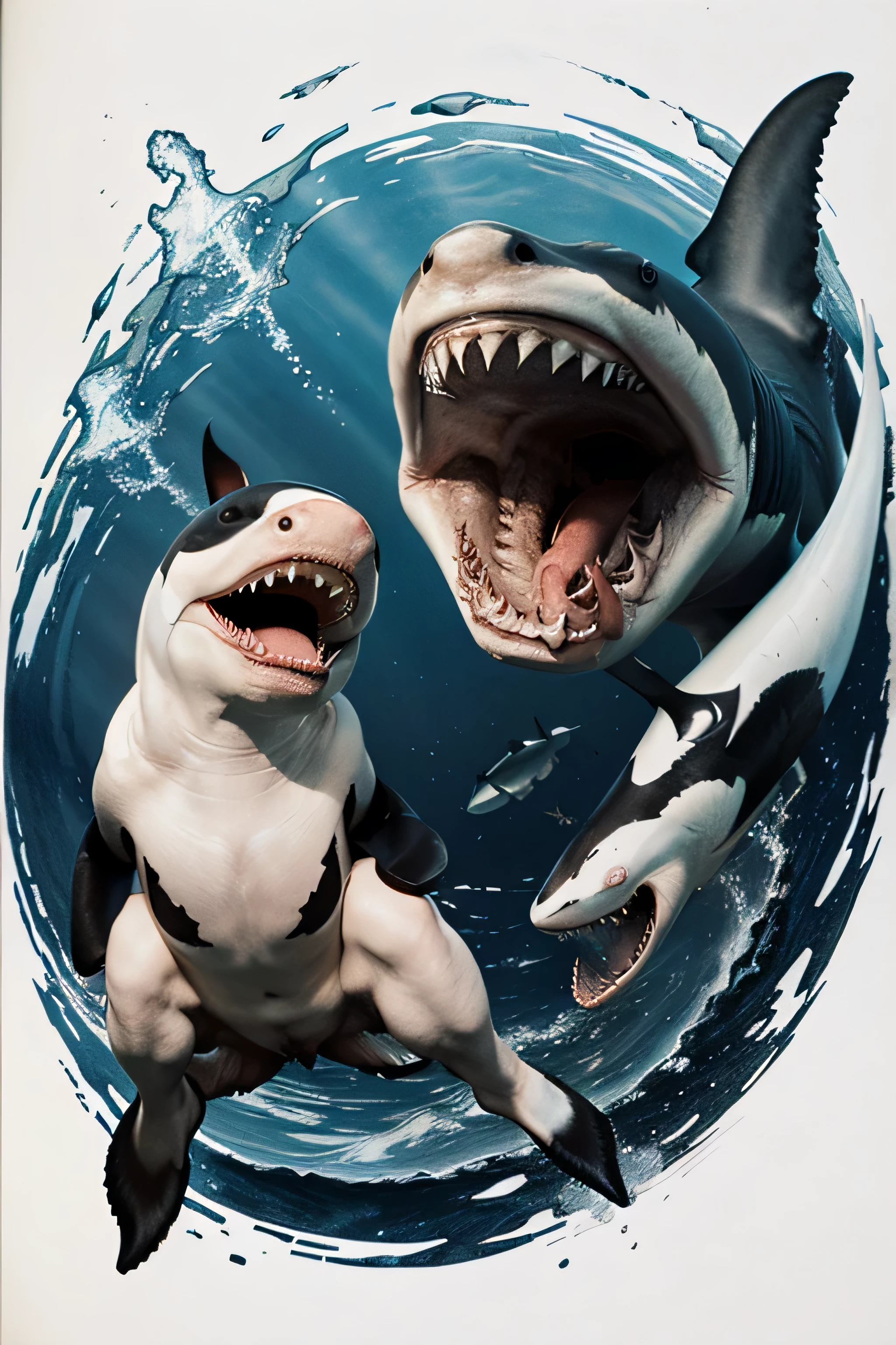 white shark fighting with an orca in a deep ocean with distant strange beings with lit eyes, colored pencil drawing style