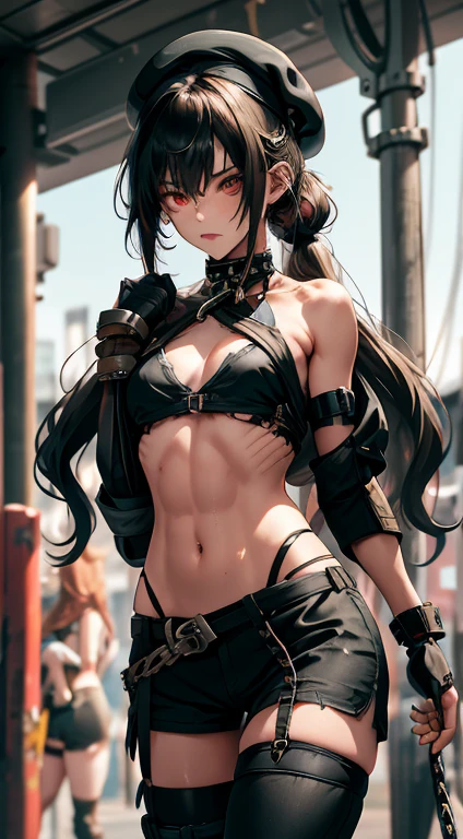 ubel,dark green hair,long hair,side ponytail,hair between eyes,bangs, BREAK (beret, black jacket, open clothes, cleavage, midriff, black shorts, black thighhighs, thigh strap, fingerless gloves, single glove:1.2), Photo,sharpness, F1.6 lens,hyper-realistic textures,spectacular light textures, Cinestil 800 Fashion Mechanics,(((Beautiful woman with left leg restrained and hung by chains))),Appearance,Beautiful girl with accentuated slender abs: 1.1,six-pack abs: 1.1, Bust Botox,Standing on tiptoe, long legs,Long brown hair fluttering in the wind,Brown hair, Long hair, Female Warrior Costume,(No panties,No bra),(tacticul battle fashion,elbow and knee tacticul battle fashion, battle glove: 1.1),((cute batre costume)),The belly comes out and the navel is visible,Thin sheer costume, combat gloves,shredded costumes,cyber long combat boots with golden knee pads,Anatomical,(futuristic sci-fi battle fashion, new elbow and knee cyberpads, new cyberlong boots, new cybergloves: 1.1),(tied perfectly by iron chain), Restraint, Slave, collars, contempt, (Chained), 4 chains hung from heaven, Metallic shackles and fetters, wet crotch clearly visible,((Hands are restrained above the head)), the neck is chained,Chain from left knee to heaven,Chained by rusty iron chains,((the tip is protruding, areolas protruding,The shape of the pubic area is clearly visible:1.2)),Sweating,Wet,Wet crotch,Wet thighs,Junkyard, Realistic, (cute, perfect clothes, skimpy clothes, cute: 1.3) ,Vast miritary base in us,((wide mirtary hospital with summer sunlight)), peeling ceilings, Rebar between, Realistic material details, Extreme details, Ultra-realistic materials,narrow waist,(with sparkling eyes and a contagious smile:0.9),looking at viewer,
